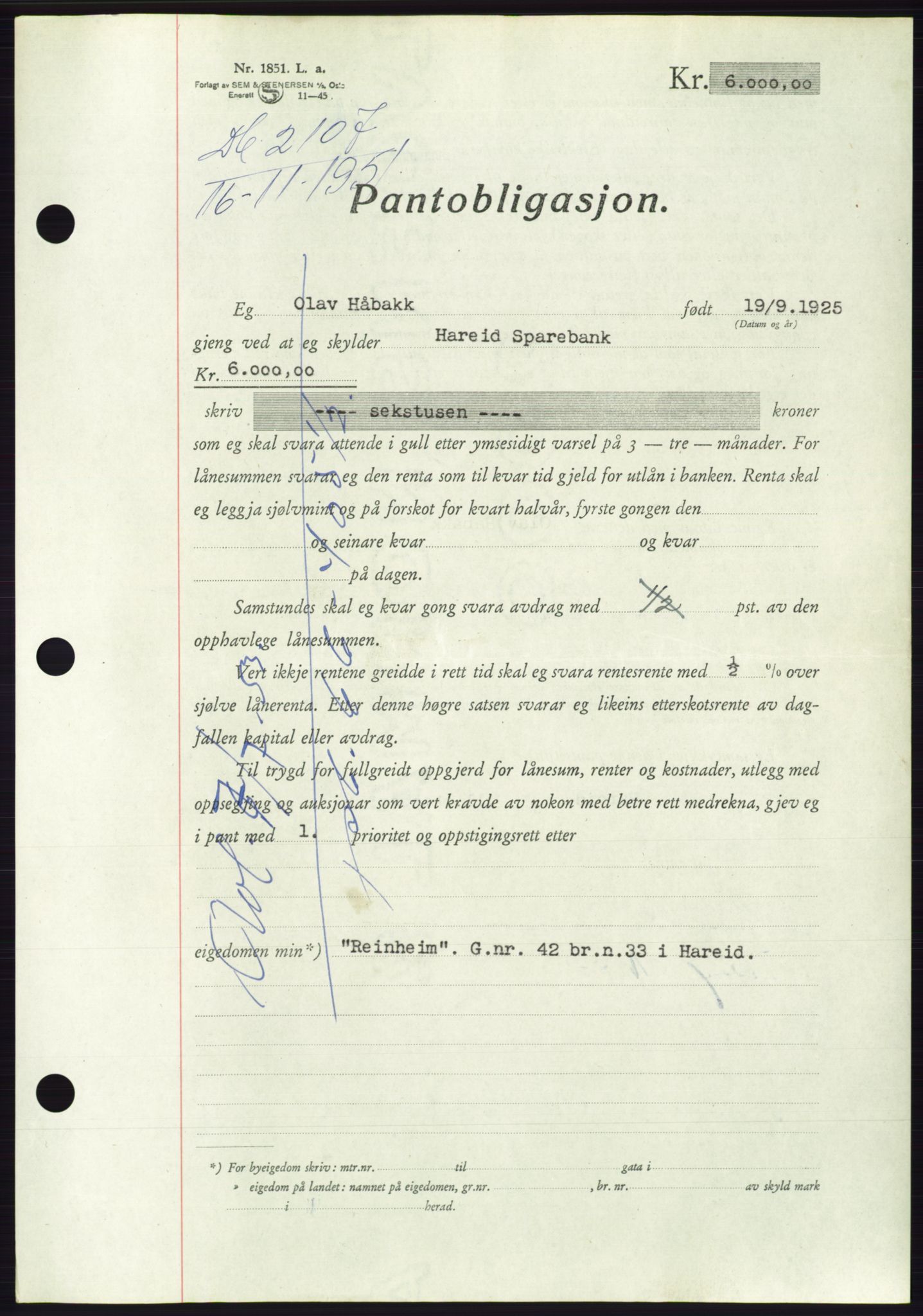 Søre Sunnmøre sorenskriveri, AV/SAT-A-4122/1/2/2C/L0120: Mortgage book no. 8B, 1951-1951, Diary no: : 2107/1951