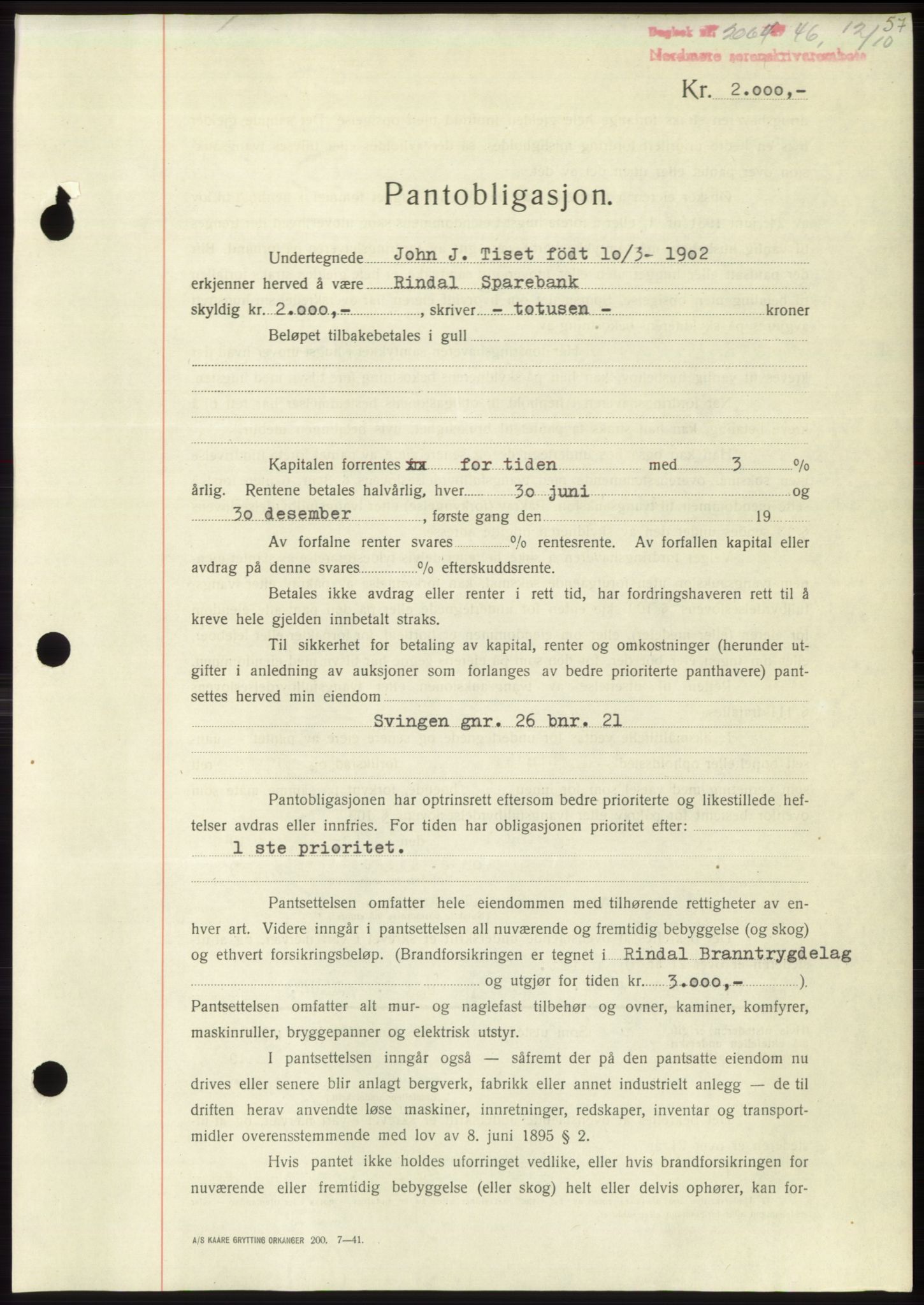 Nordmøre sorenskriveri, AV/SAT-A-4132/1/2/2Ca: Mortgage book no. B95, 1946-1947, Diary no: : 2064/1946