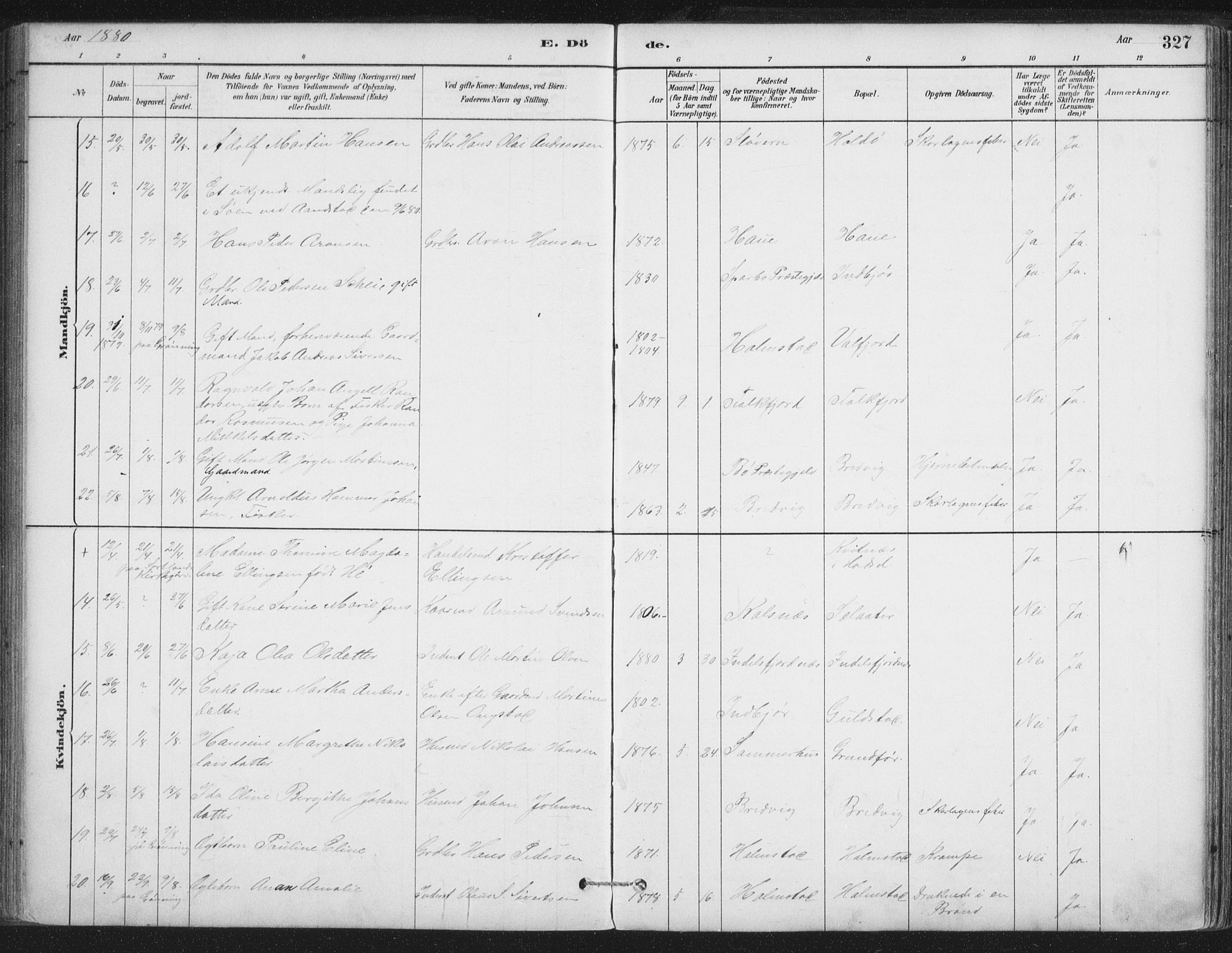 Ministerialprotokoller, klokkerbøker og fødselsregistre - Nordland, AV/SAT-A-1459/888/L1244: Parish register (official) no. 888A10, 1880-1890, p. 327