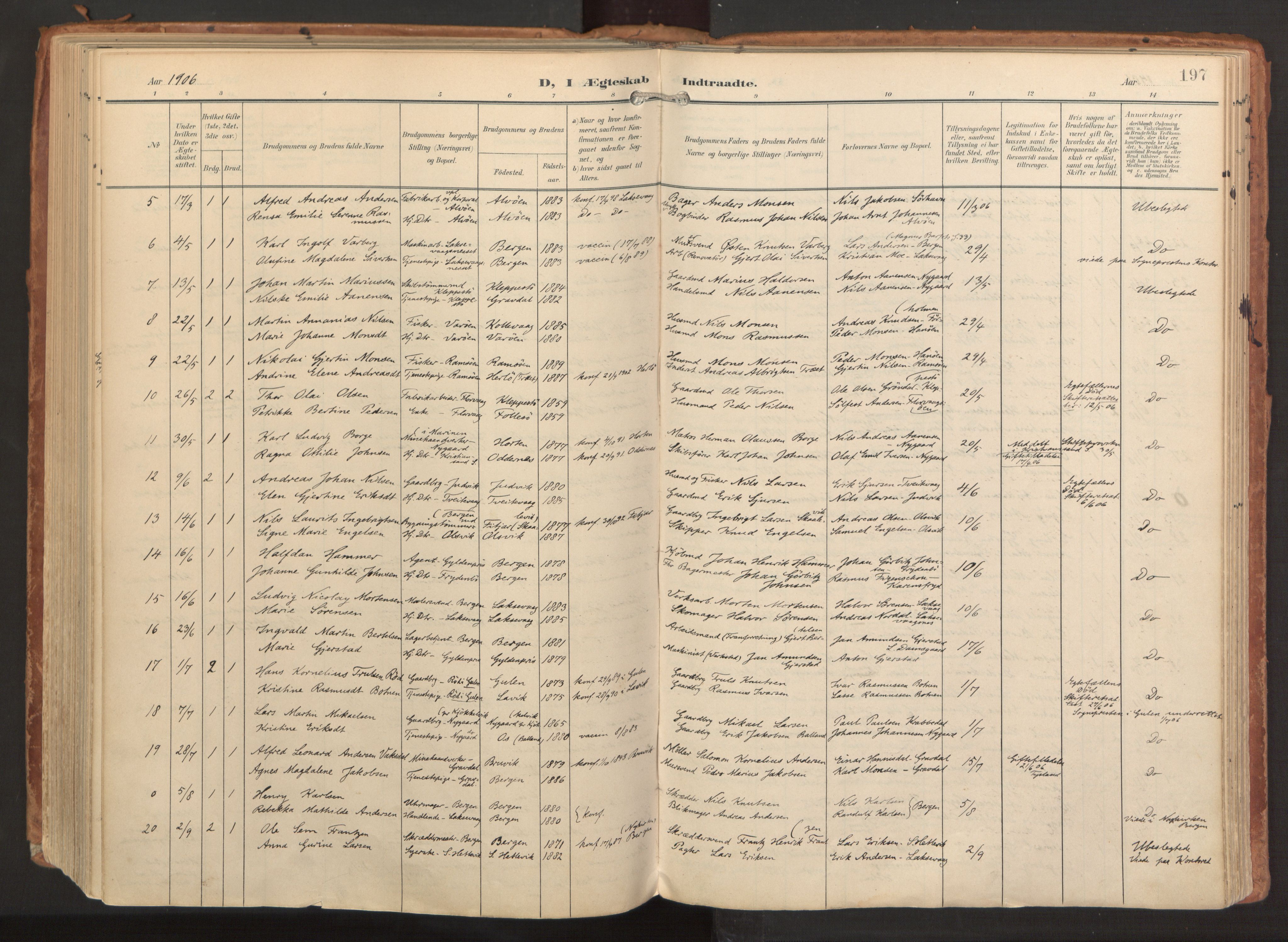 Laksevåg Sokneprestembete, AV/SAB-A-76501/H/Ha/Haa/Haaa/L0001: Parish register (official) no. A 1, 1903-1917, p. 197