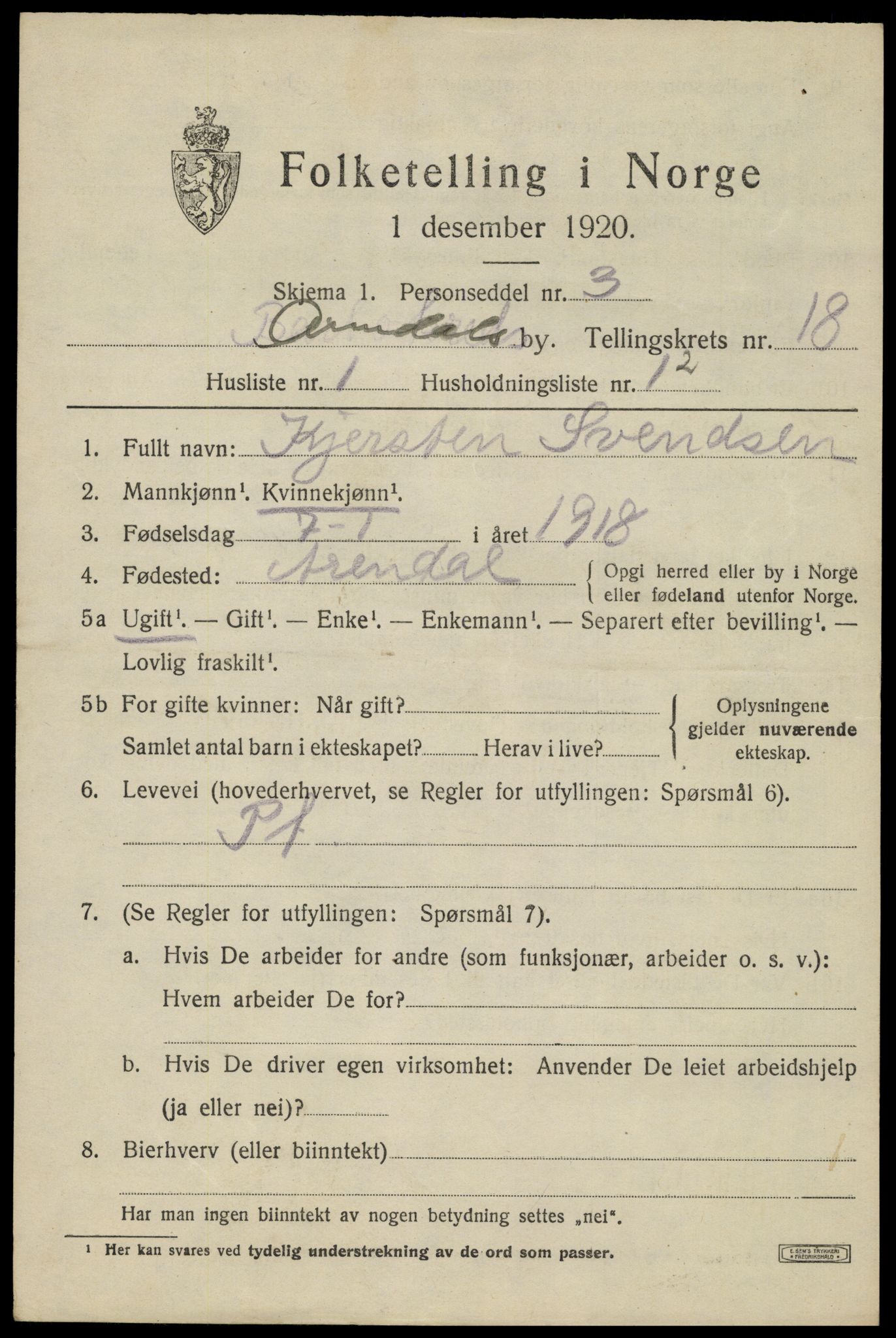 SAK, 1920 census for Arendal, 1920, p. 24946