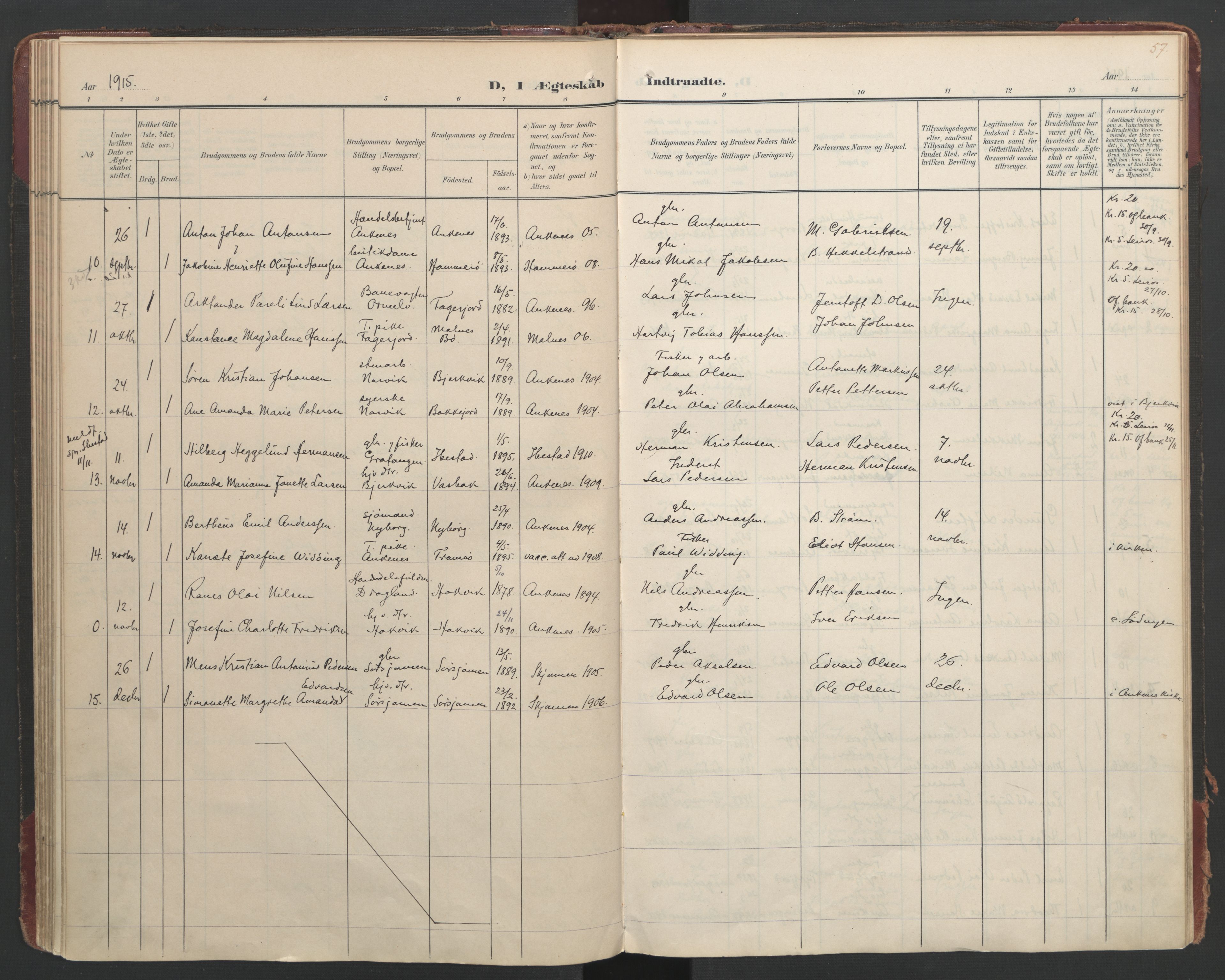 Ministerialprotokoller, klokkerbøker og fødselsregistre - Nordland, AV/SAT-A-1459/866/L0942: Parish register (official) no. 866A05, 1901-1928, p. 57