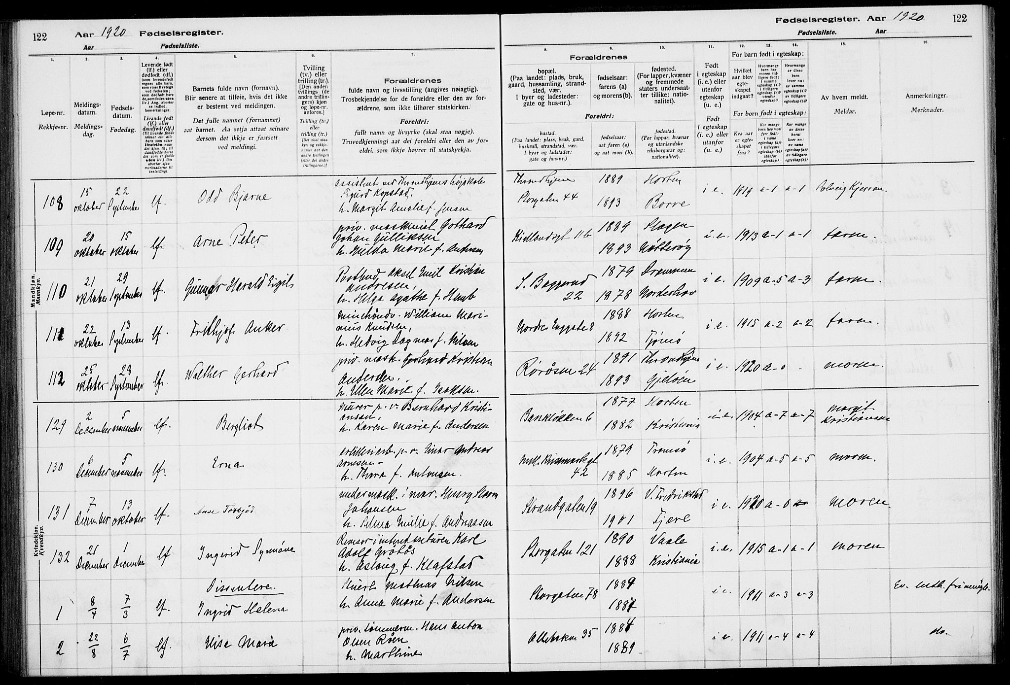 Horten kirkebøker, AV/SAKO-A-348/J/Ja/L0001: Birth register no. 1, 1916-1923, p. 122