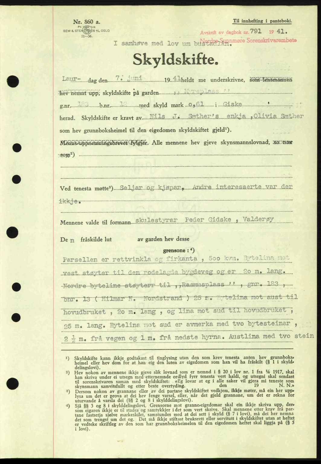 Nordre Sunnmøre sorenskriveri, AV/SAT-A-0006/1/2/2C/2Ca: Mortgage book no. A11, 1941-1941, Diary no: : 791/1941