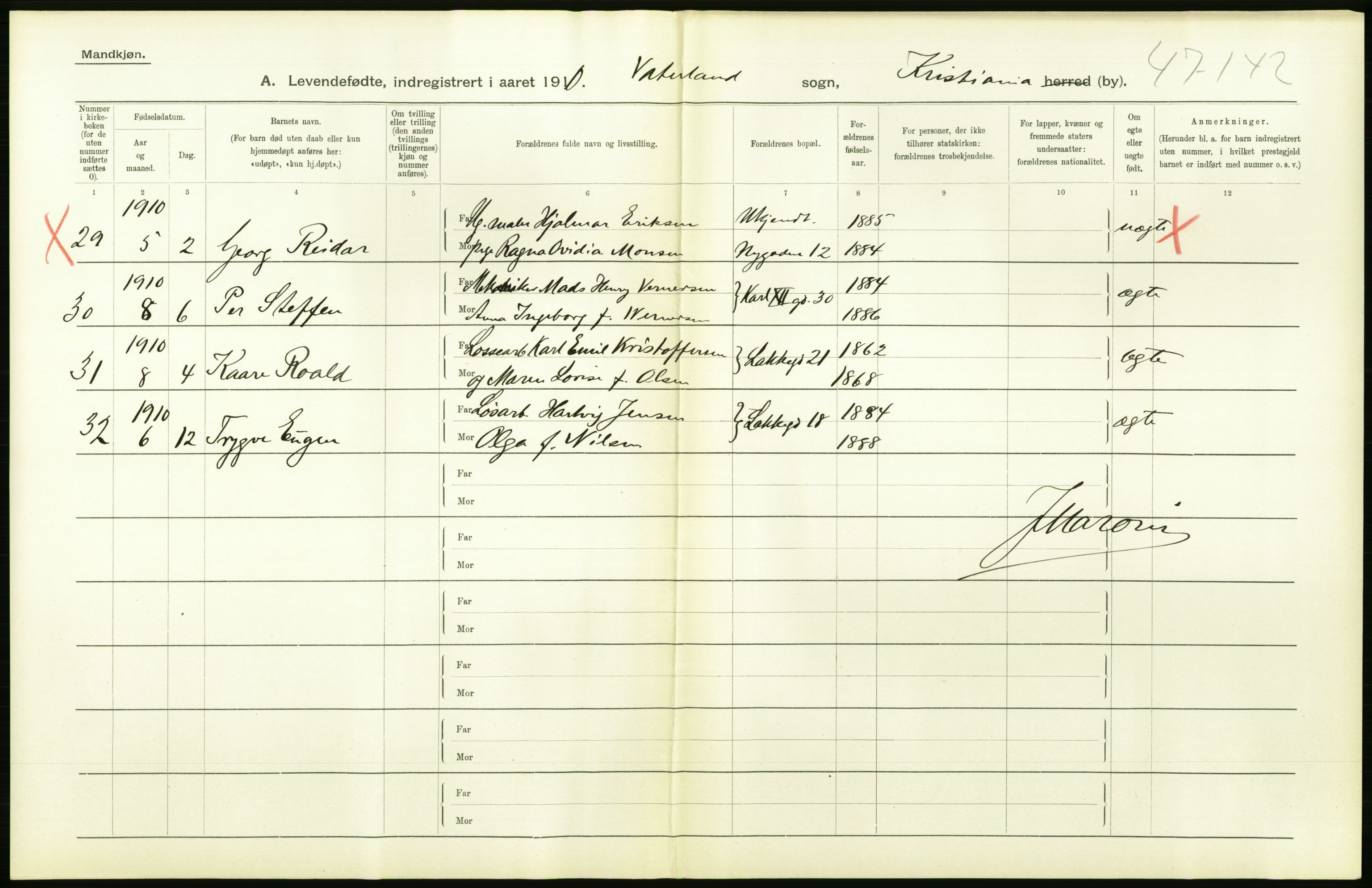 Statistisk sentralbyrå, Sosiodemografiske emner, Befolkning, RA/S-2228/D/Df/Dfa/Dfah/L0006: Kristiania: Levendefødte menn., 1910, p. 730