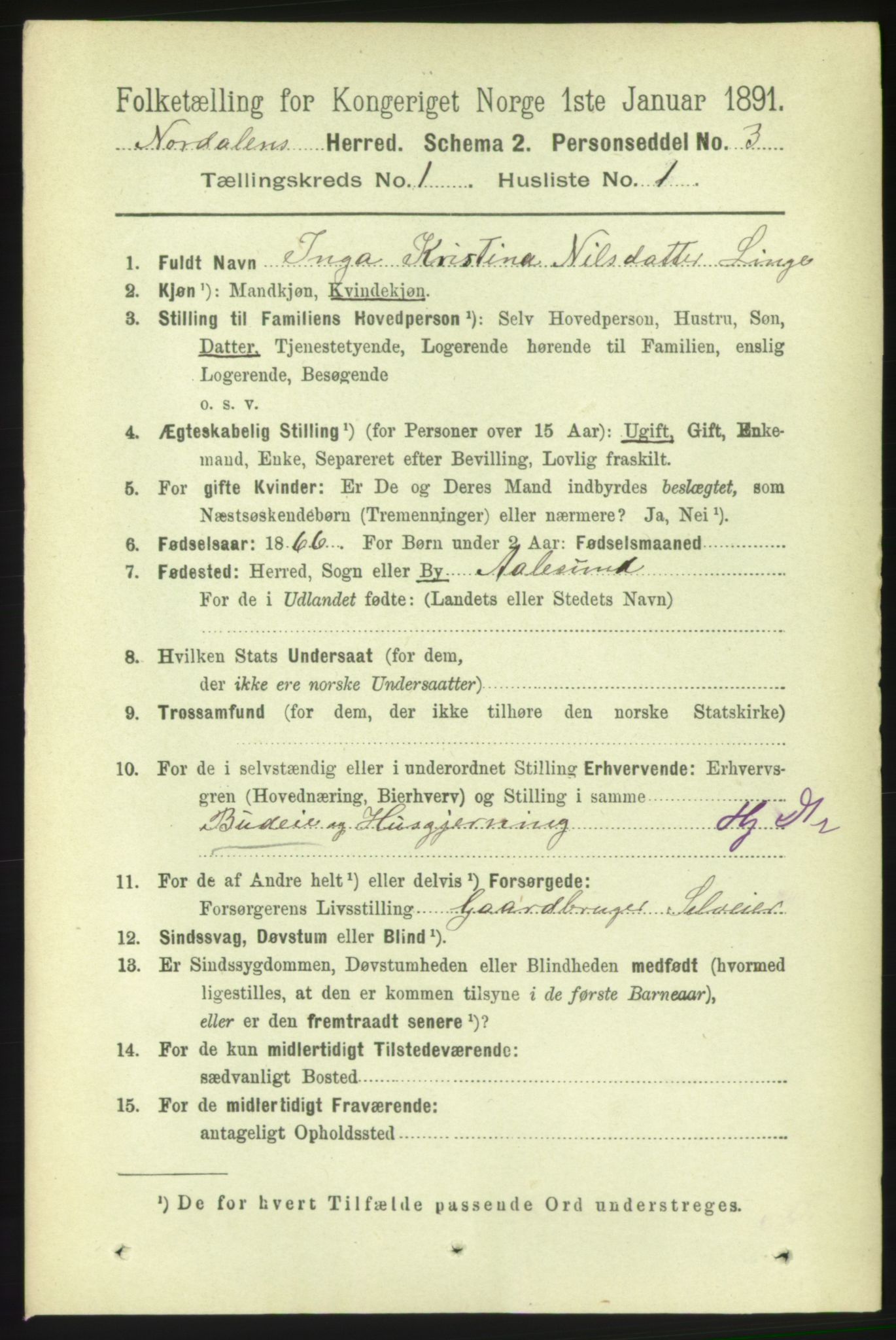 RA, 1891 census for 1524 Norddal, 1891, p. 73