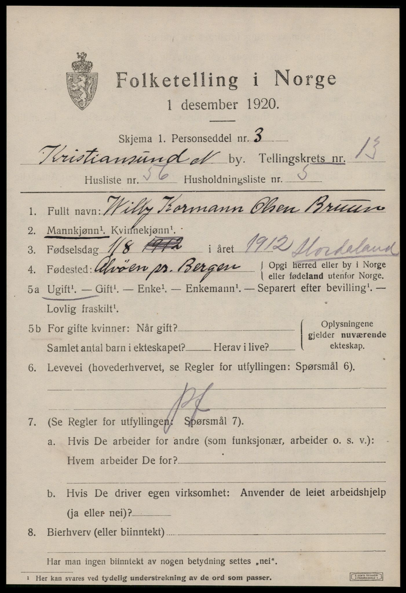 SAT, 1920 census for Kristiansund, 1920, p. 28145