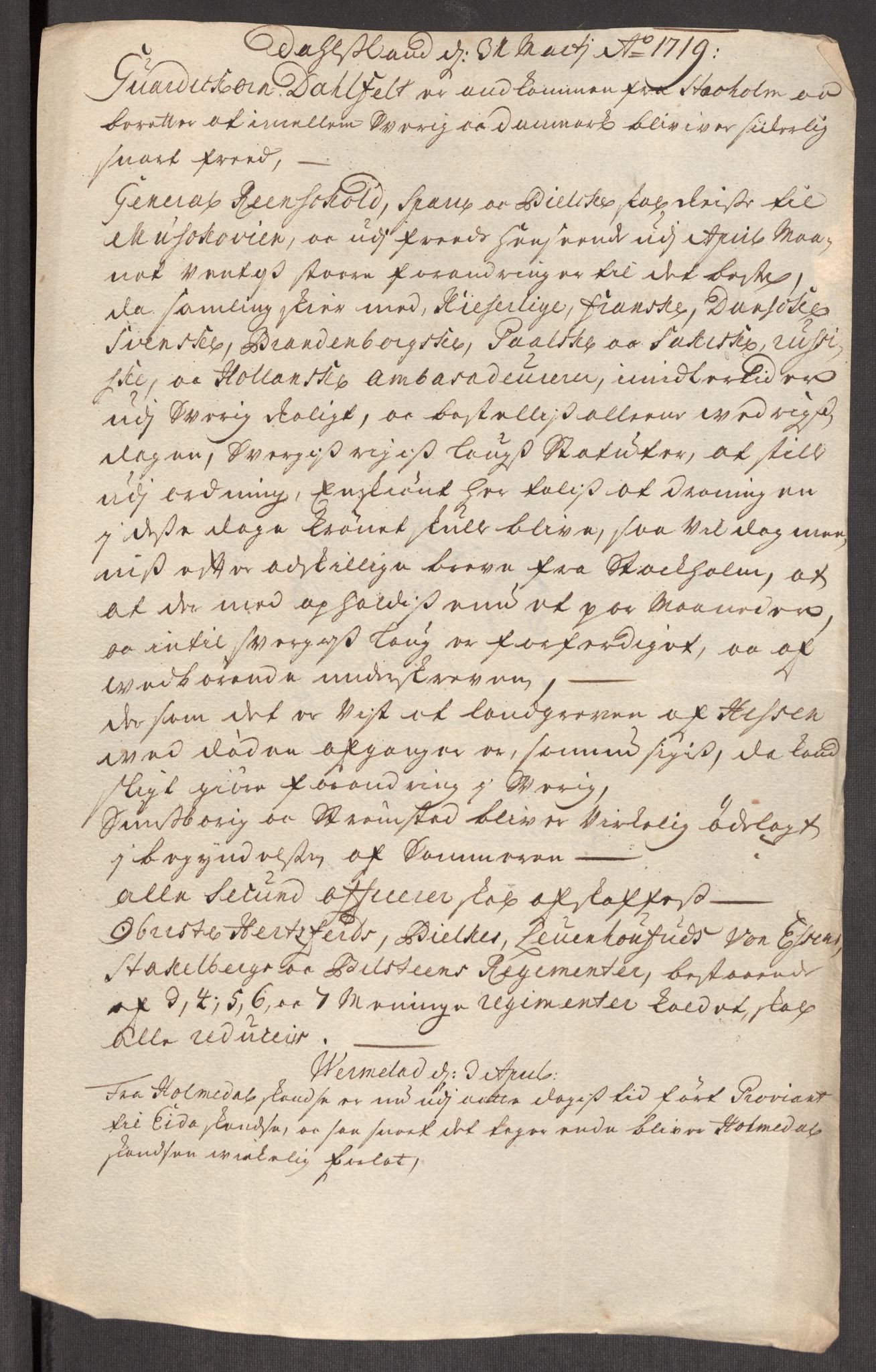 Kommanderende general (KG I) med Det norske krigsdirektorium, AV/RA-EA-5419/E/Eb/L0012: Kunnskap om fienden, kronologisk ordnet, 1718-1719, p. 637