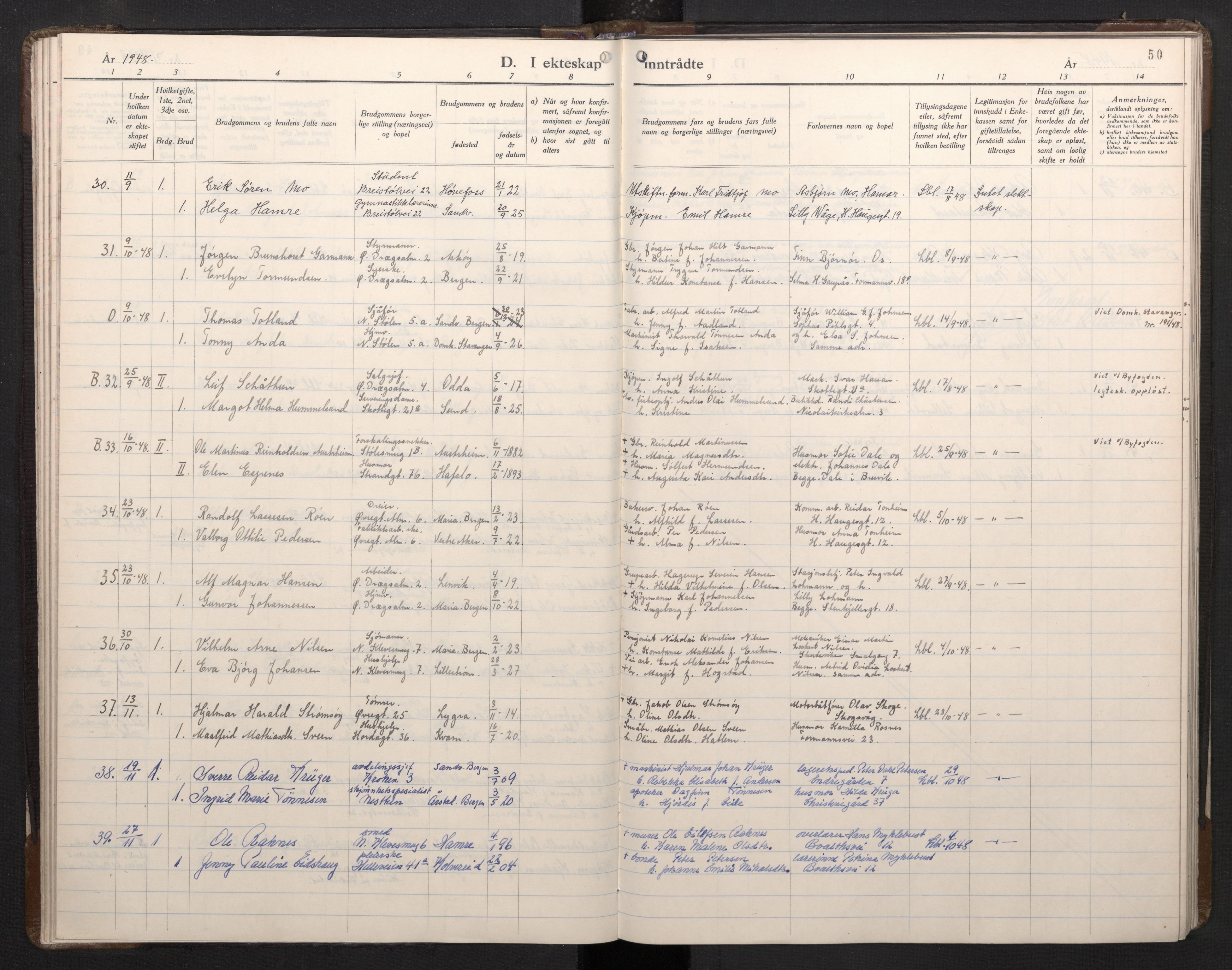 Mariakirken Sokneprestembete, AV/SAB-A-76901/H/Haa/L0019: Parish register (official) no. D 1, 1939-1963, p. 49b-50a