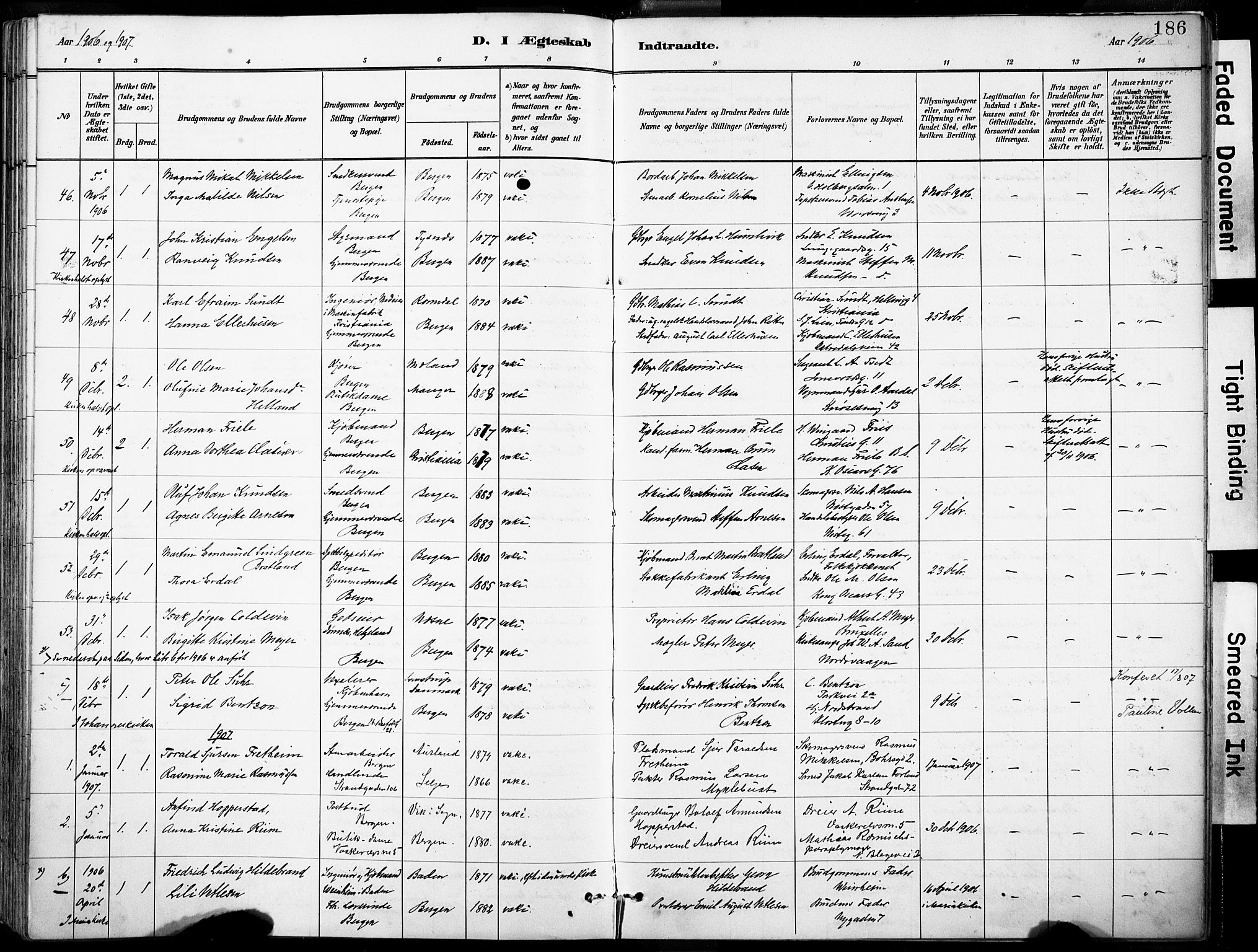 Domkirken sokneprestembete, SAB/A-74801/H/Haa/L0037: Parish register (official) no. D 4, 1880-1907, p. 186