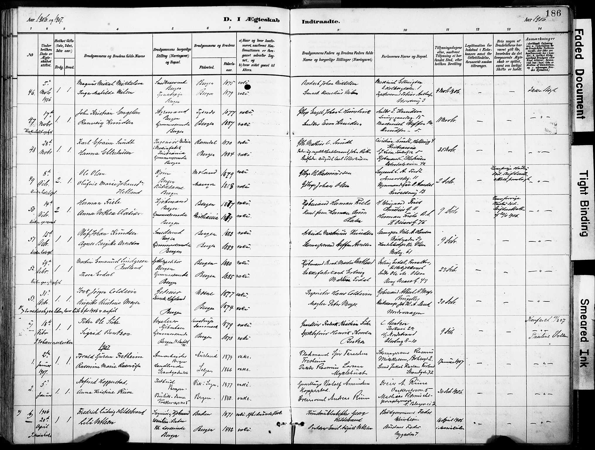 Domkirken sokneprestembete, AV/SAB-A-74801/H/Haa/L0037: Parish register (official) no. D 4, 1880-1907, p. 186