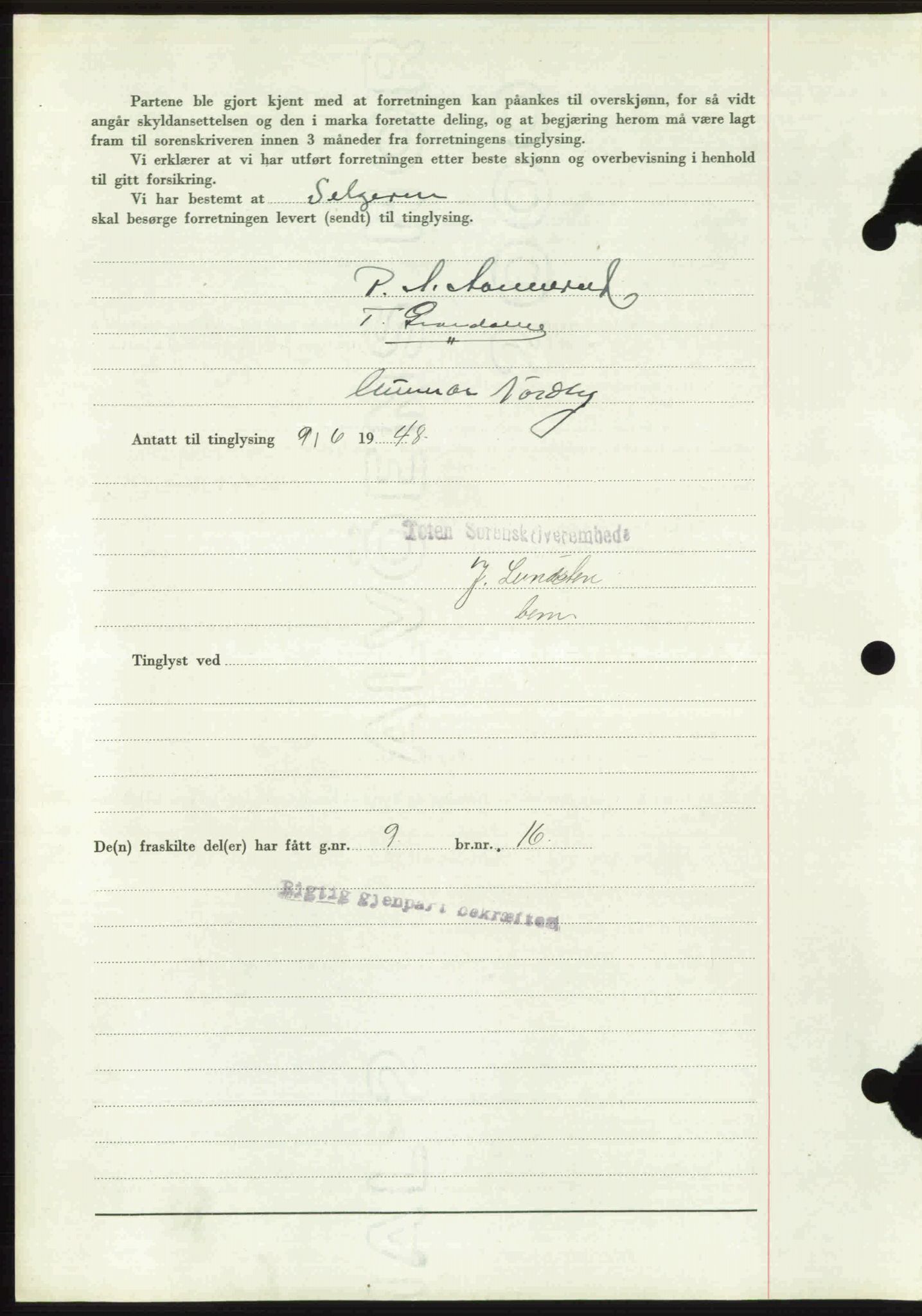 Toten tingrett, SAH/TING-006/H/Hb/Hbc/L0020: Mortgage book no. Hbc-20, 1948-1948, Diary no: : 1874/1948