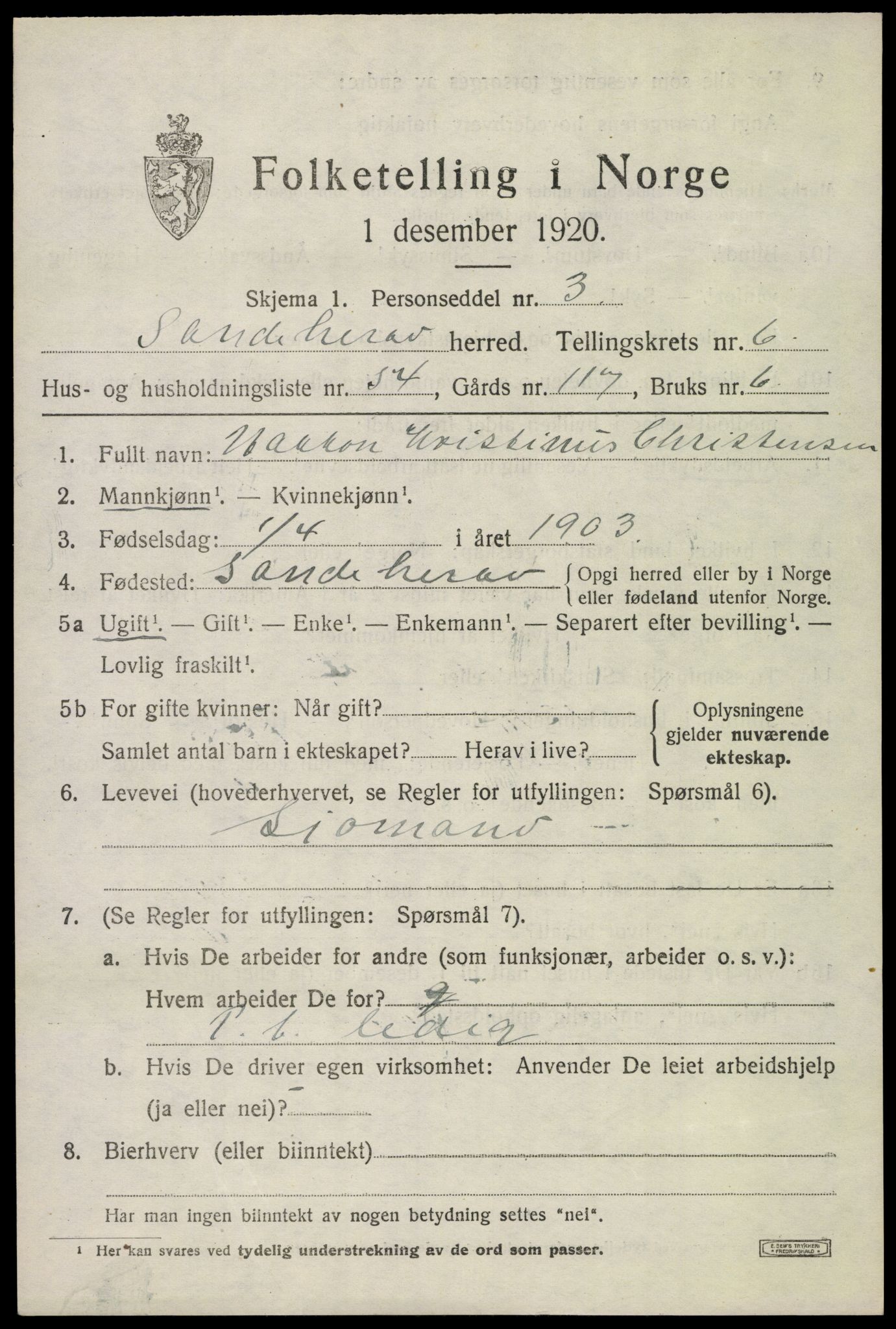 SAKO, 1920 census for Sandeherred, 1920, p. 10292