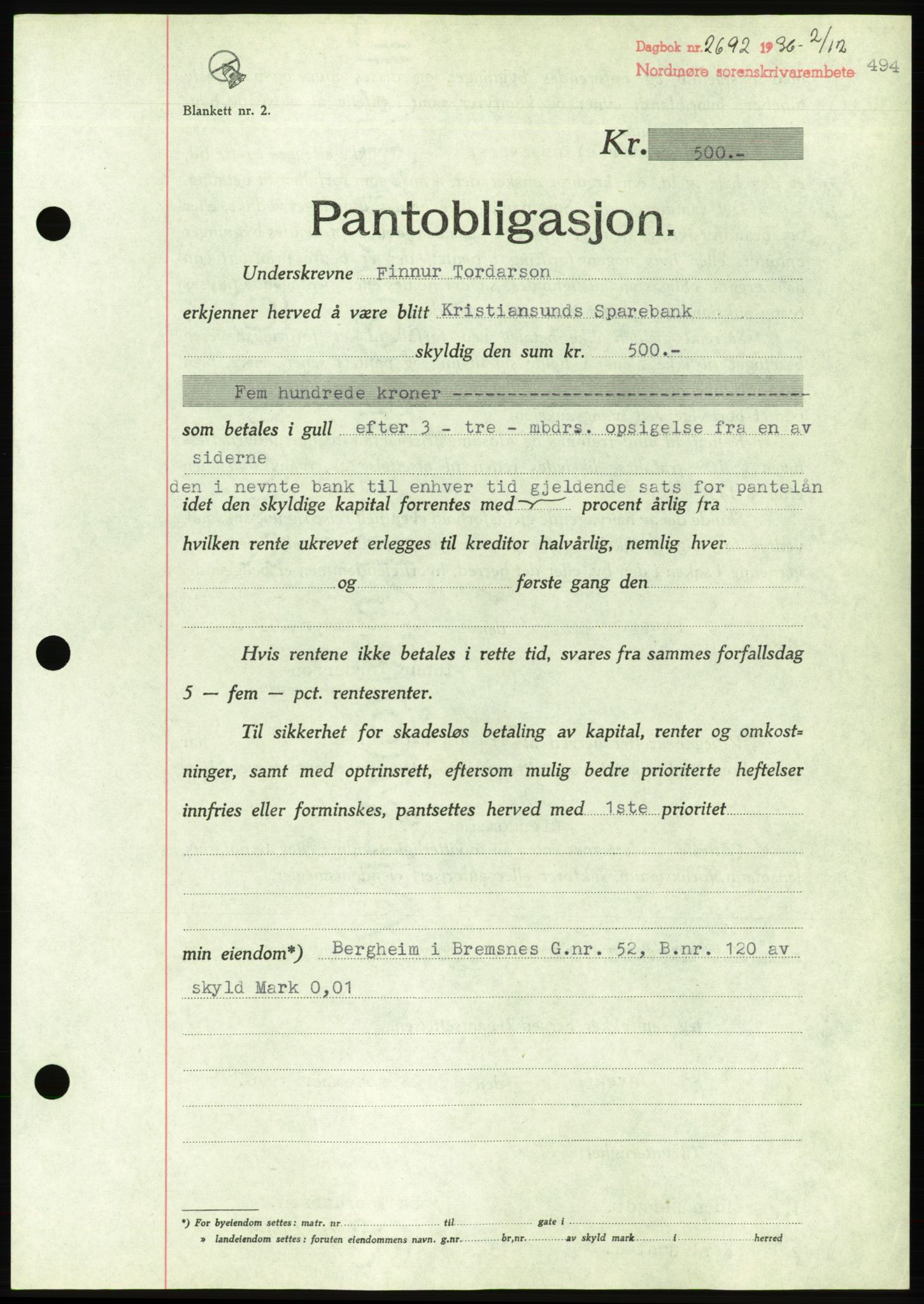 Nordmøre sorenskriveri, AV/SAT-A-4132/1/2/2Ca/L0090: Mortgage book no. B80, 1936-1937, Diary no: : 2692/1936