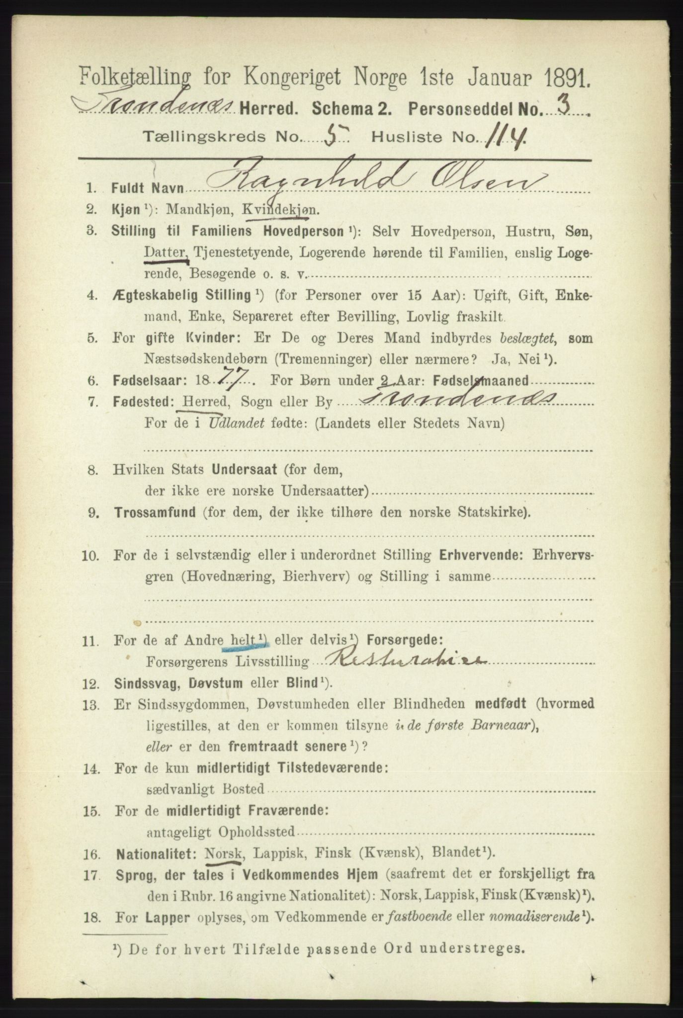 RA, 1891 census for 1914 Trondenes, 1891, p. 3667