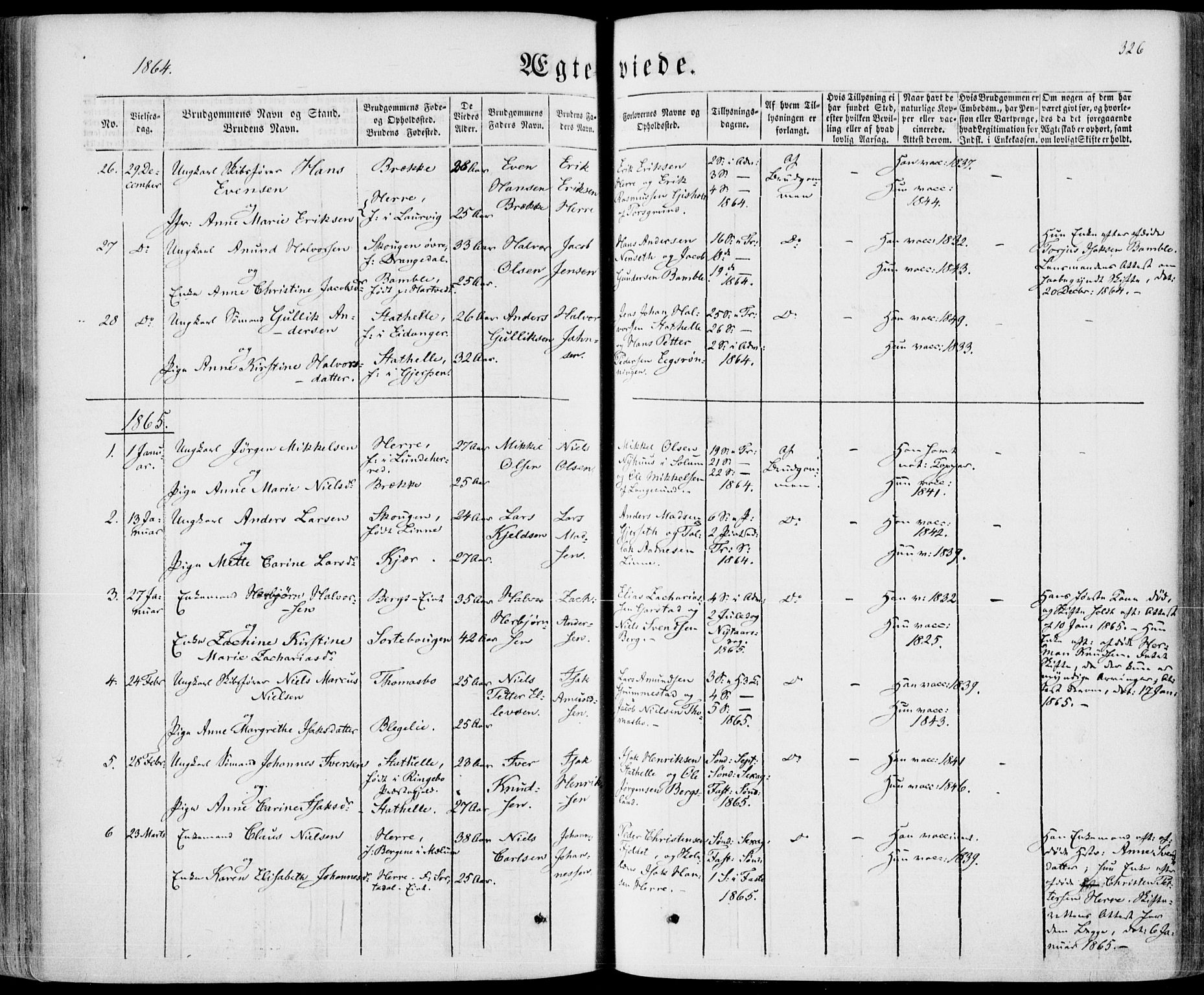 Bamble kirkebøker, SAKO/A-253/F/Fa/L0005: Parish register (official) no. I 5, 1854-1869, p. 326
