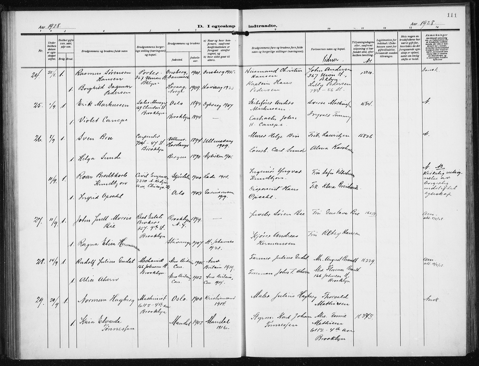 Den norske sjømannsmisjon i utlandet/New York, AV/SAB-SAB/PA-0110/H/Ha/L0008: Parish register (official) no. A 8, 1923-1935, p. 111