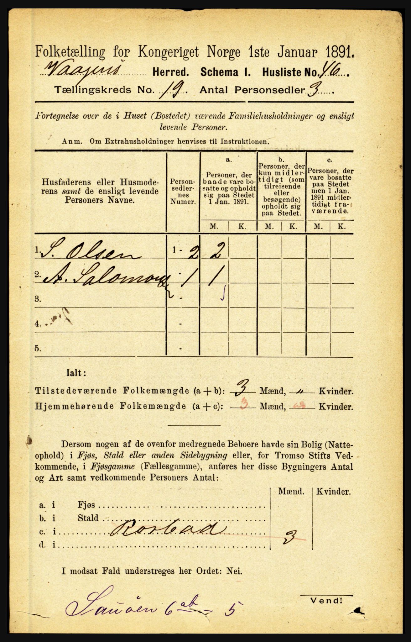 RA, 1891 census for 1865 Vågan, 1891, p. 5500