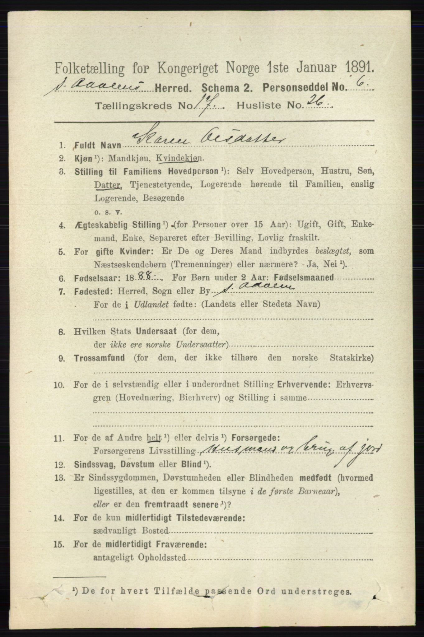 RA, 1891 census for 0419 Sør-Odal, 1891, p. 8017