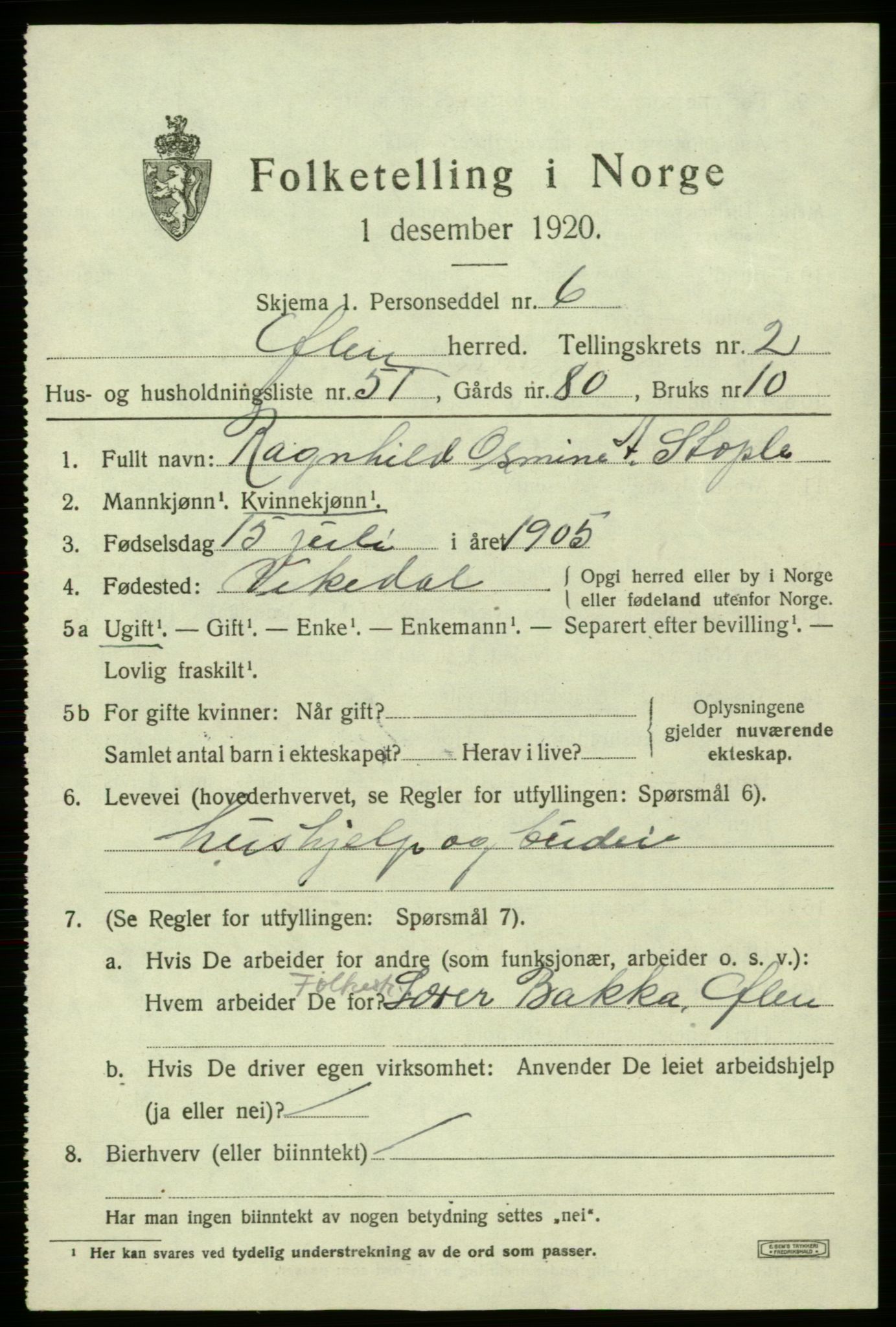 SAB, 1920 census for Ølen, 1920, p. 1549