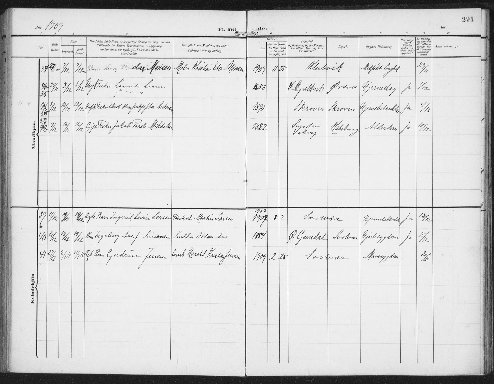 Ministerialprotokoller, klokkerbøker og fødselsregistre - Nordland, AV/SAT-A-1459/874/L1063: Parish register (official) no. 874A07, 1907-1915, p. 291