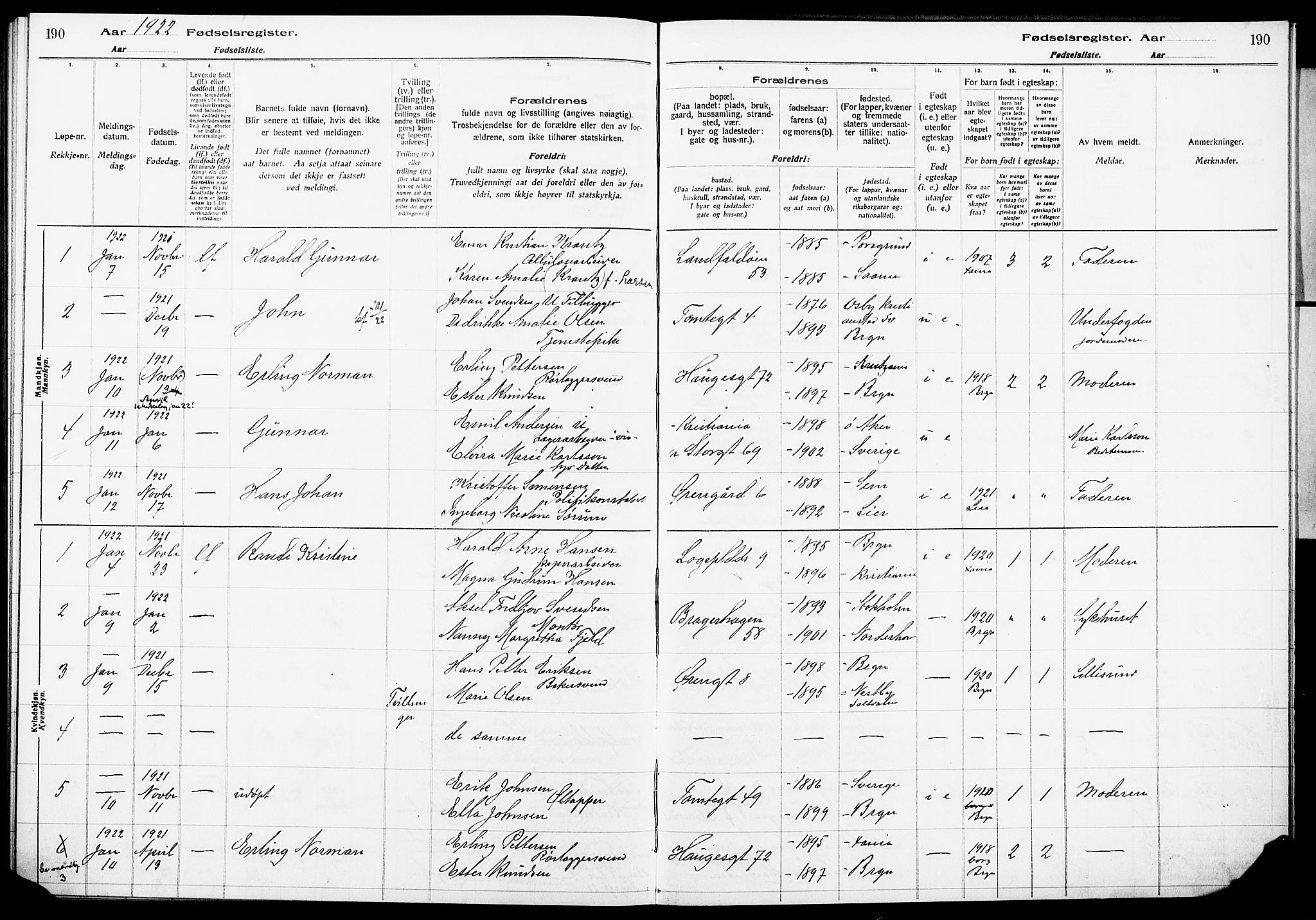 Bragernes kirkebøker, AV/SAKO-A-6/J/Ja/L0001: Birth register no. 1, 1916-1922, p. 190