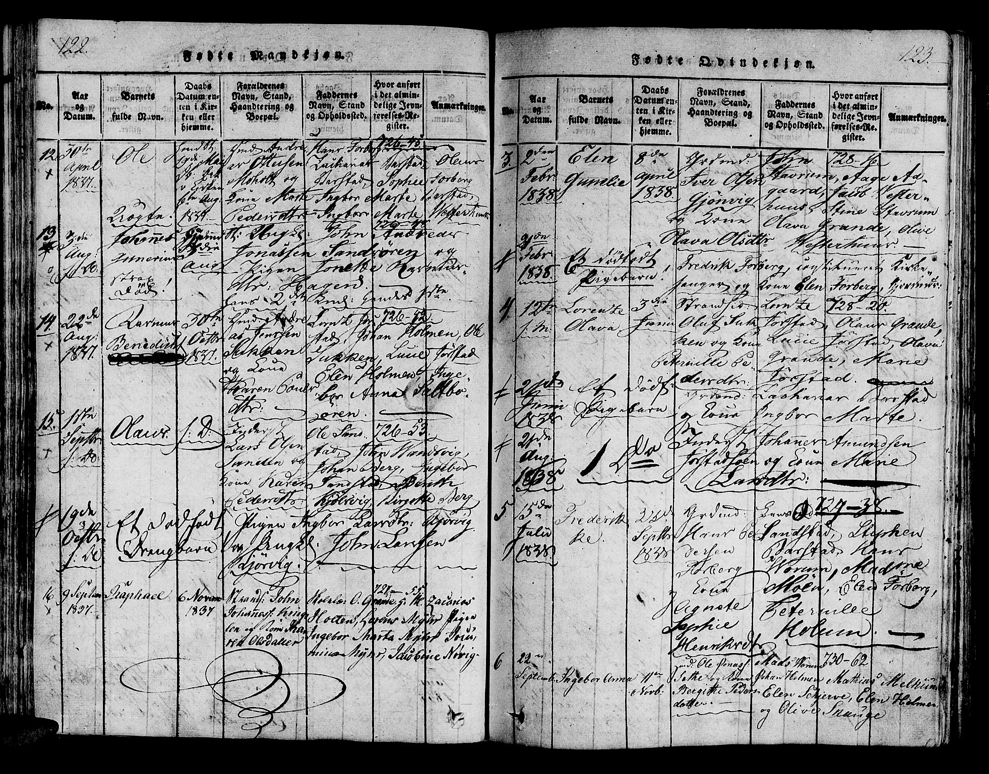 Ministerialprotokoller, klokkerbøker og fødselsregistre - Nord-Trøndelag, SAT/A-1458/722/L0217: Parish register (official) no. 722A04, 1817-1842, p. 122-123