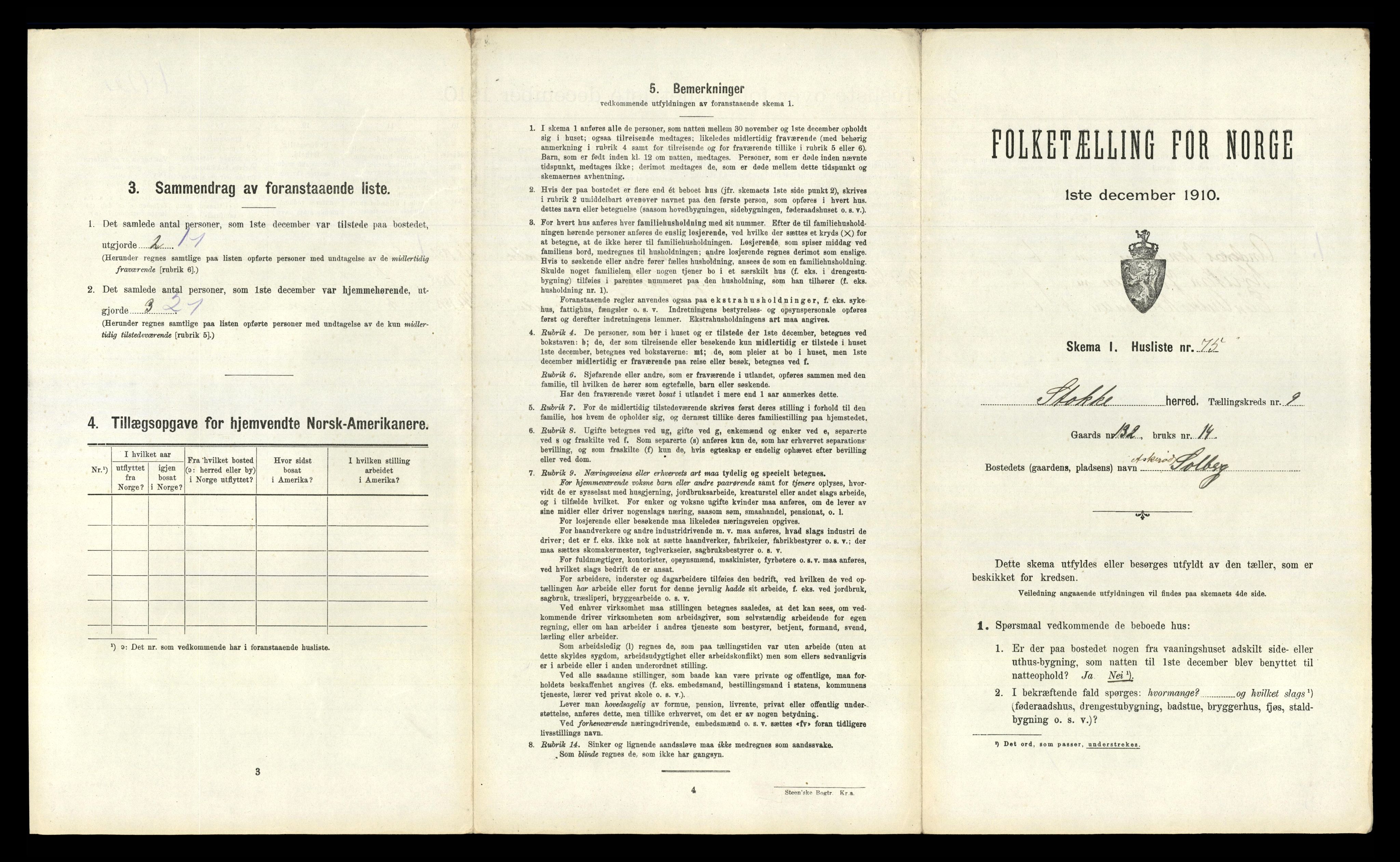 RA, 1910 census for Stokke, 1910, p. 1682
