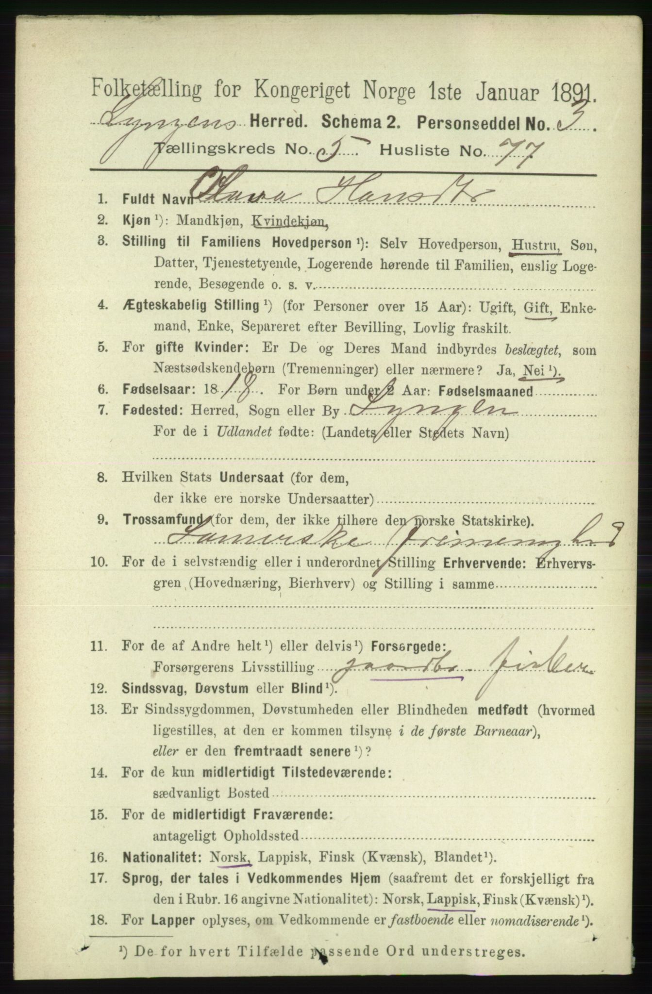 RA, 1891 census for 1938 Lyngen, 1891, p. 4910