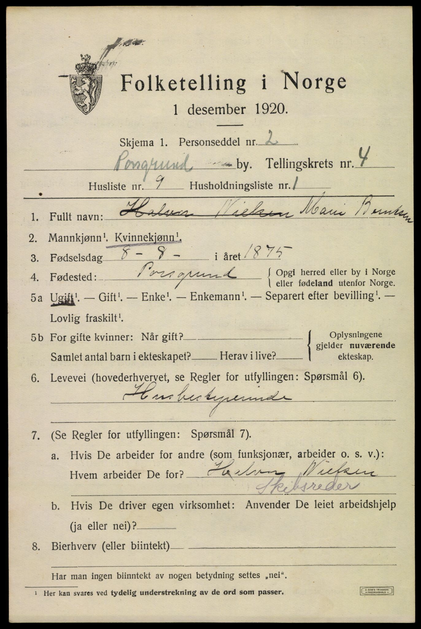 SAKO, 1920 census for Porsgrunn, 1920, p. 18941