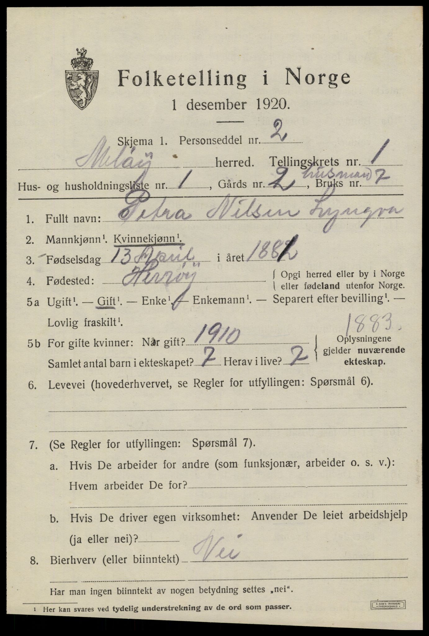 SAT, 1920 census for Meløy, 1920, p. 1459