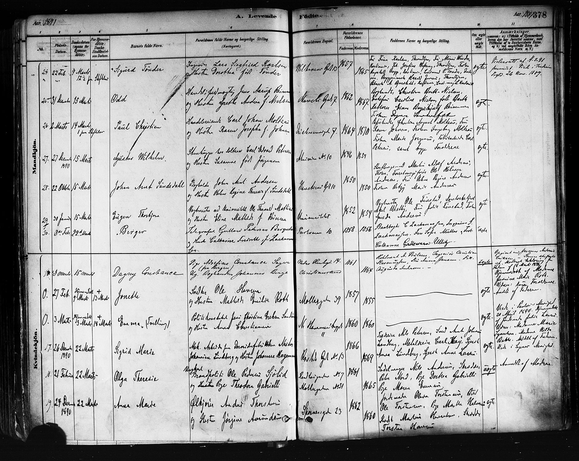 Trefoldighet prestekontor Kirkebøker, AV/SAO-A-10882/F/Fa/L0005: Parish register (official) no. I 5, 1881-1891, p. 378