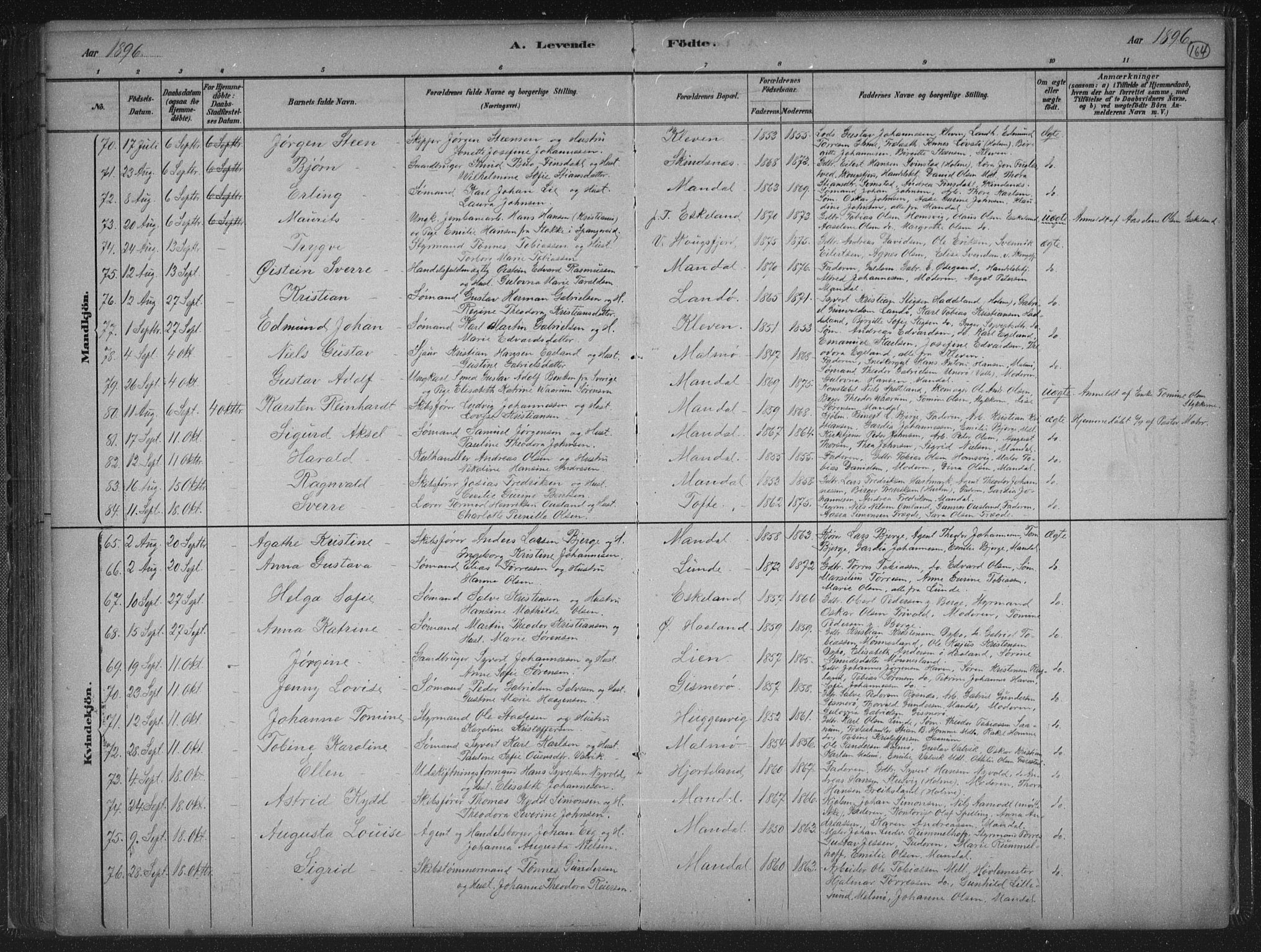 Mandal sokneprestkontor, AV/SAK-1111-0030/F/Fb/Fba/L0011: Parish register (copy) no. B 5, 1880-1898, p. 164