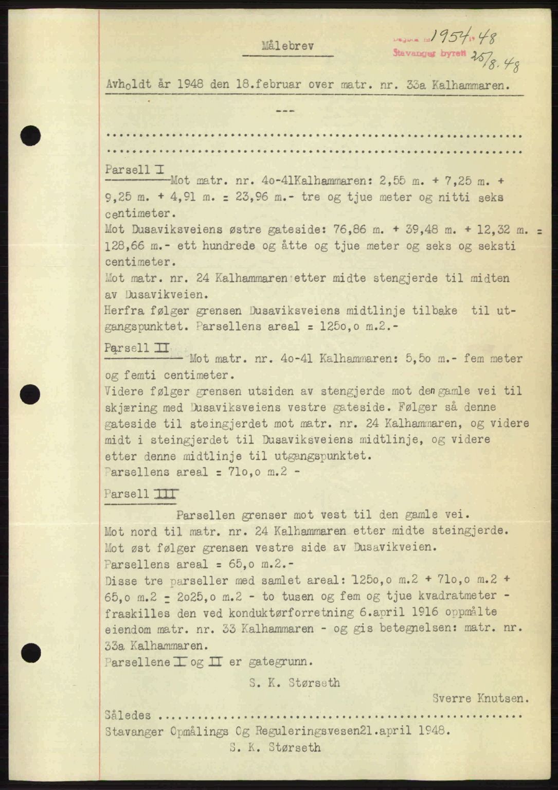 Stavanger byrett, SAST/A-100455/002/G/Gb/L0022: Mortgage book no. A11, 1947-1948, Diary no: : 1954/1948