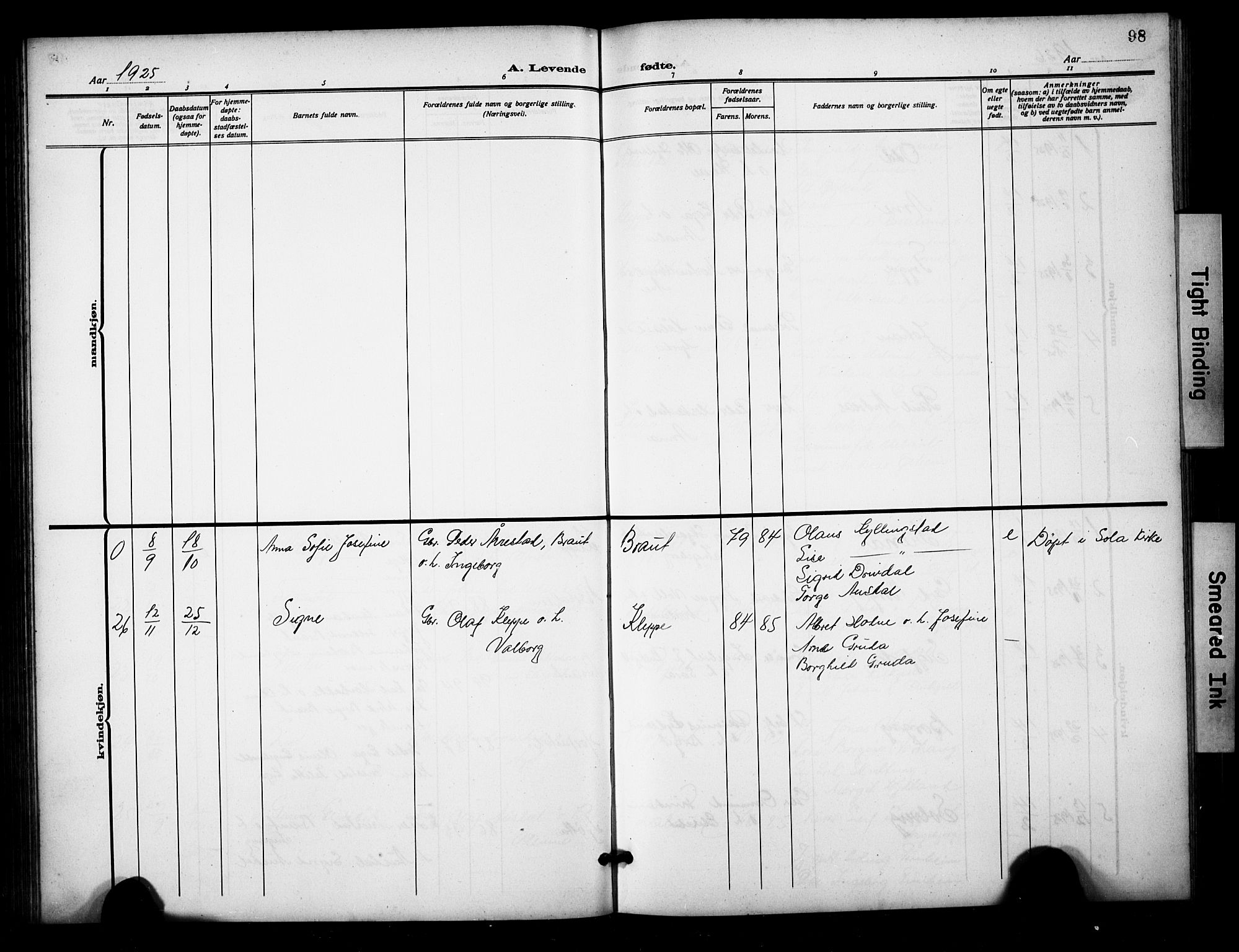 Klepp sokneprestkontor, SAST/A-101803/001/3/30BB/L0007: Parish register (copy) no. B 7, 1908-1934, p. 98