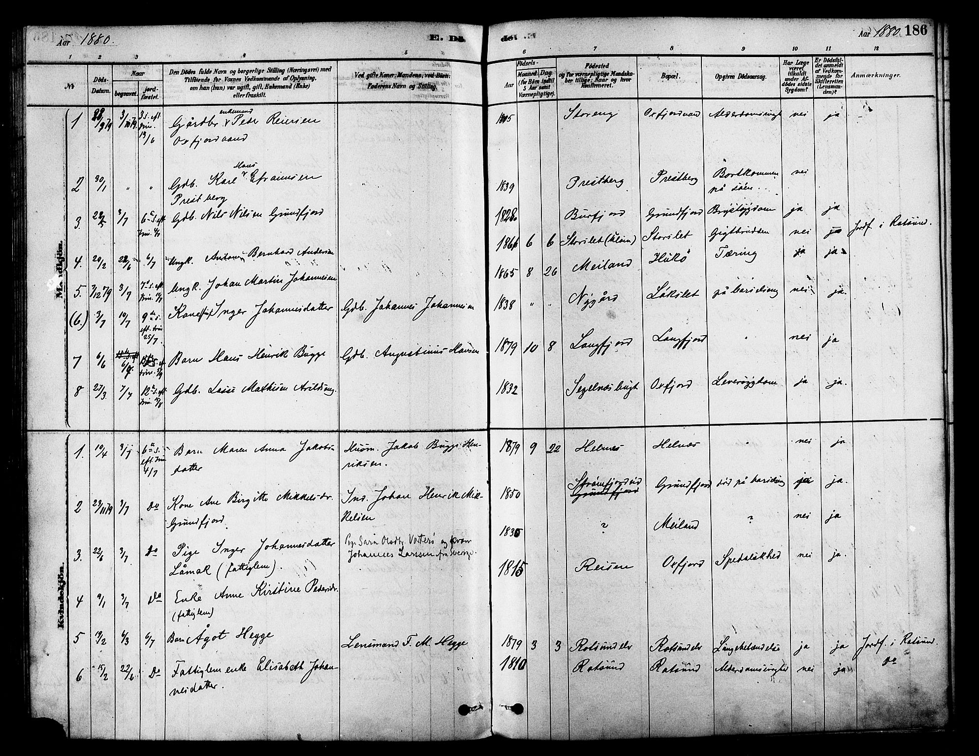 Skjervøy sokneprestkontor, SATØ/S-1300/H/Ha/Haa/L0009kirke: Parish register (official) no. 9, 1878-1887, p. 186