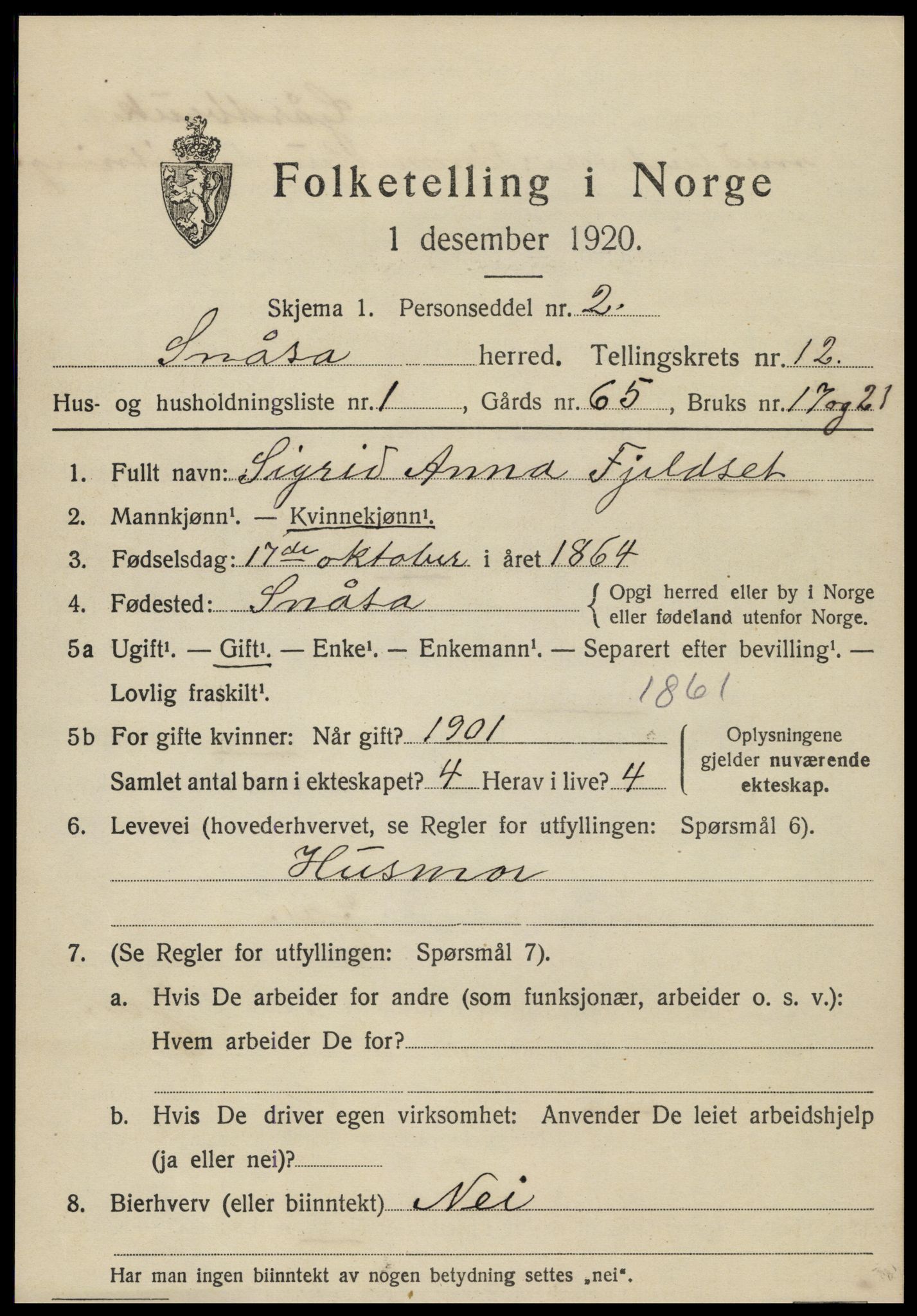 SAT, 1920 census for Snåsa, 1920, p. 5194