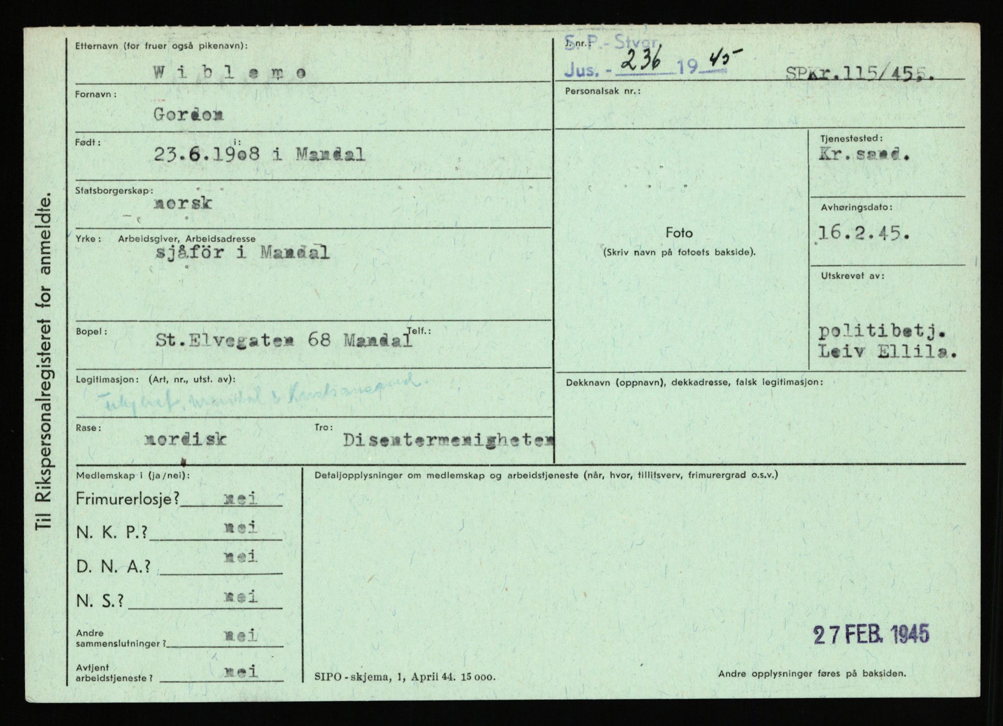 Statspolitiet - Hovedkontoret / Osloavdelingen, AV/RA-S-1329/C/Ca/L0016: Uberg - Øystese, 1943-1945, p. 2441