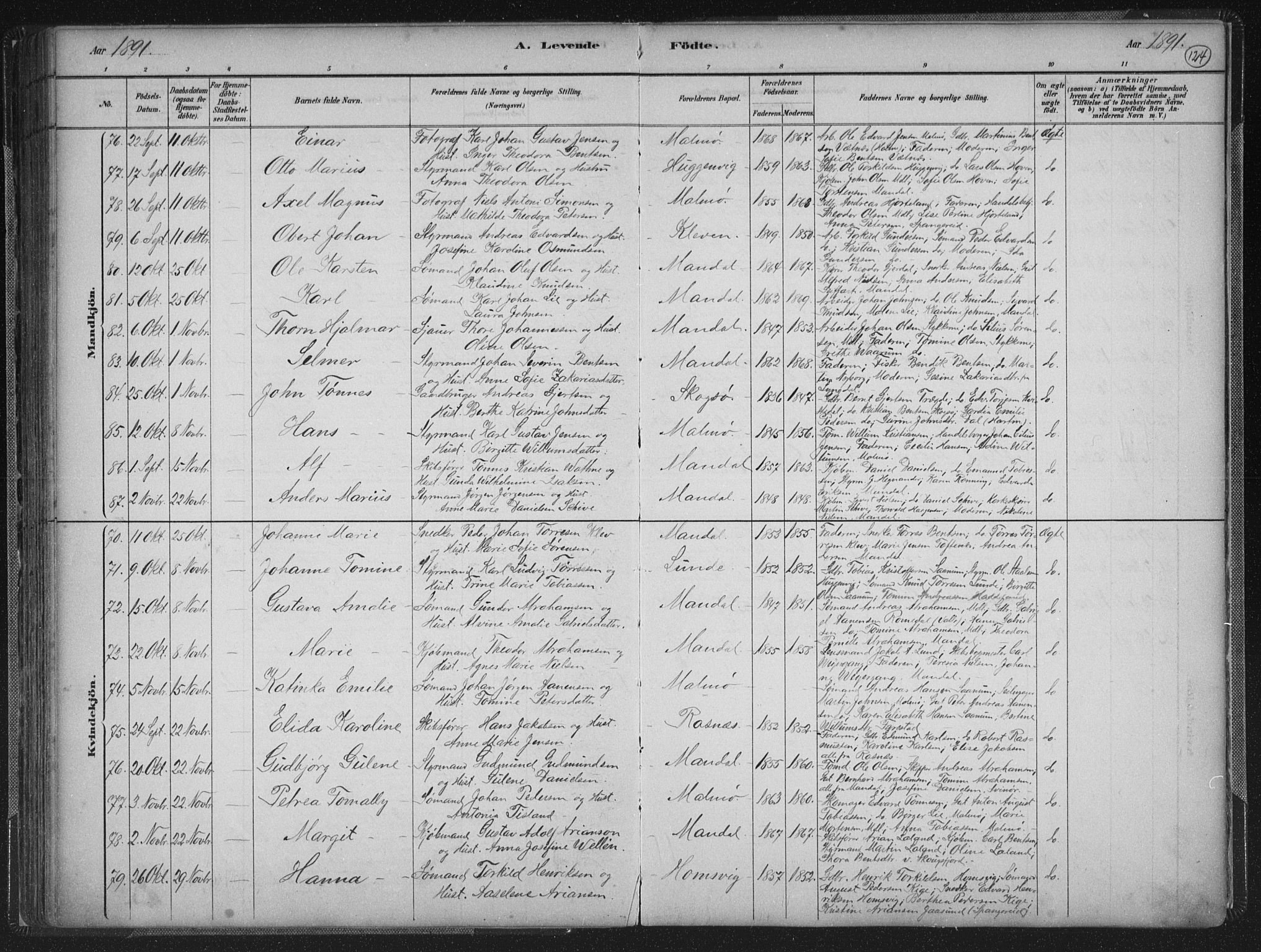 Mandal sokneprestkontor, SAK/1111-0030/F/Fb/Fba/L0011: Parish register (copy) no. B 5, 1880-1898, p. 124