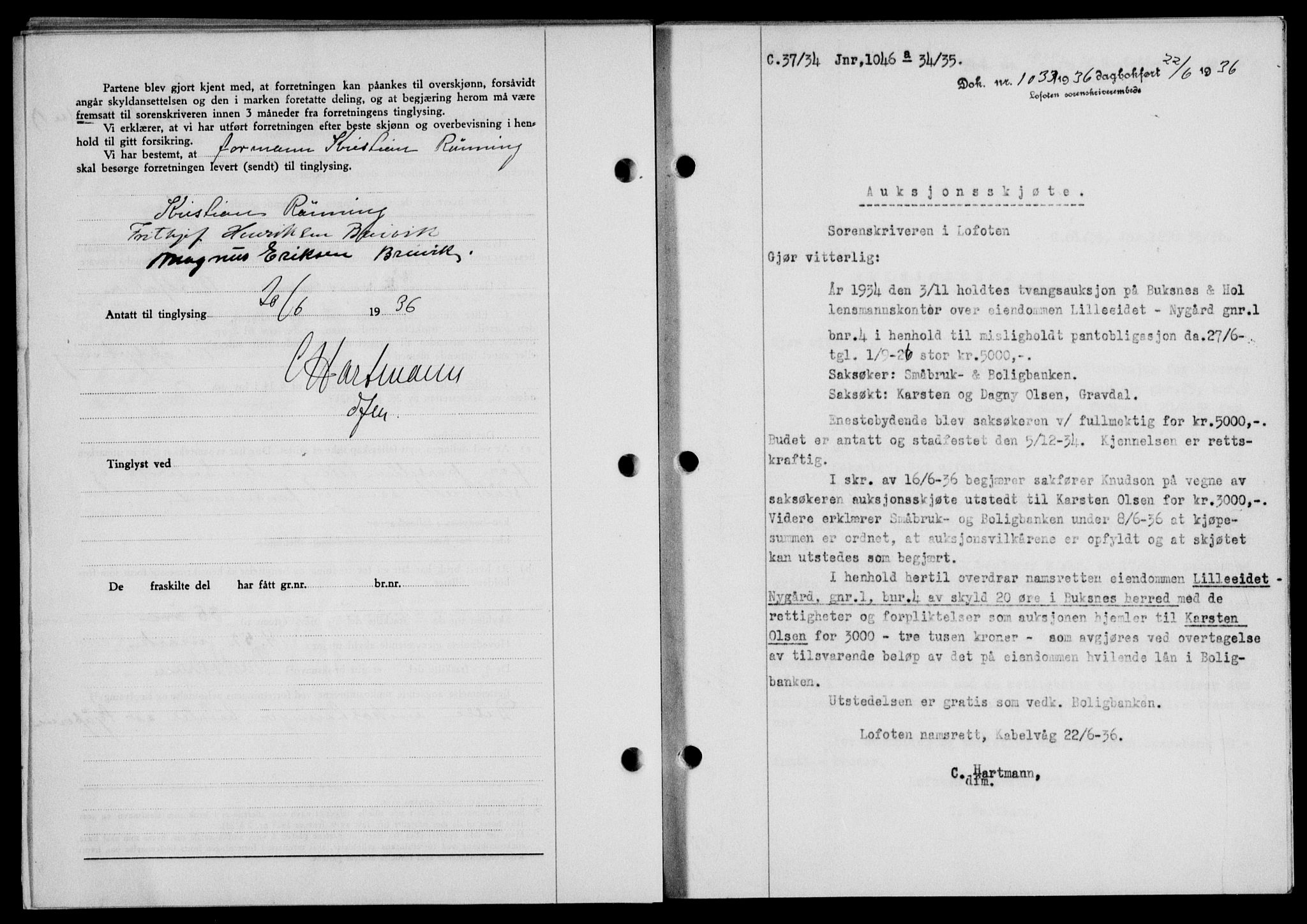 Lofoten sorenskriveri, SAT/A-0017/1/2/2C/L0033b: Mortgage book no. 33b, 1936-1936, Diary no: : 1033/1936