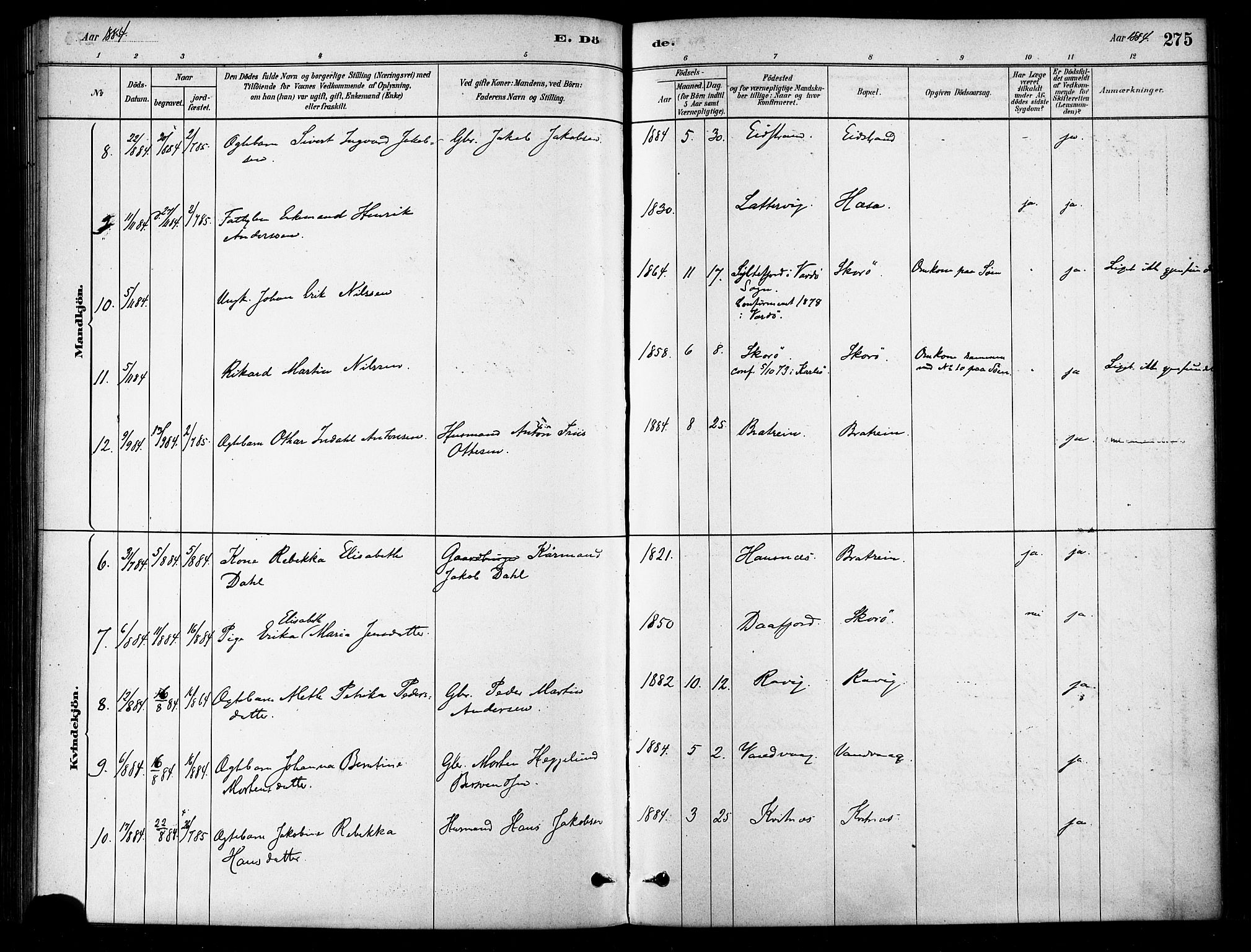 Karlsøy sokneprestembete, SATØ/S-1299/H/Ha/Haa/L0006kirke: Parish register (official) no. 6, 1879-1890, p. 275