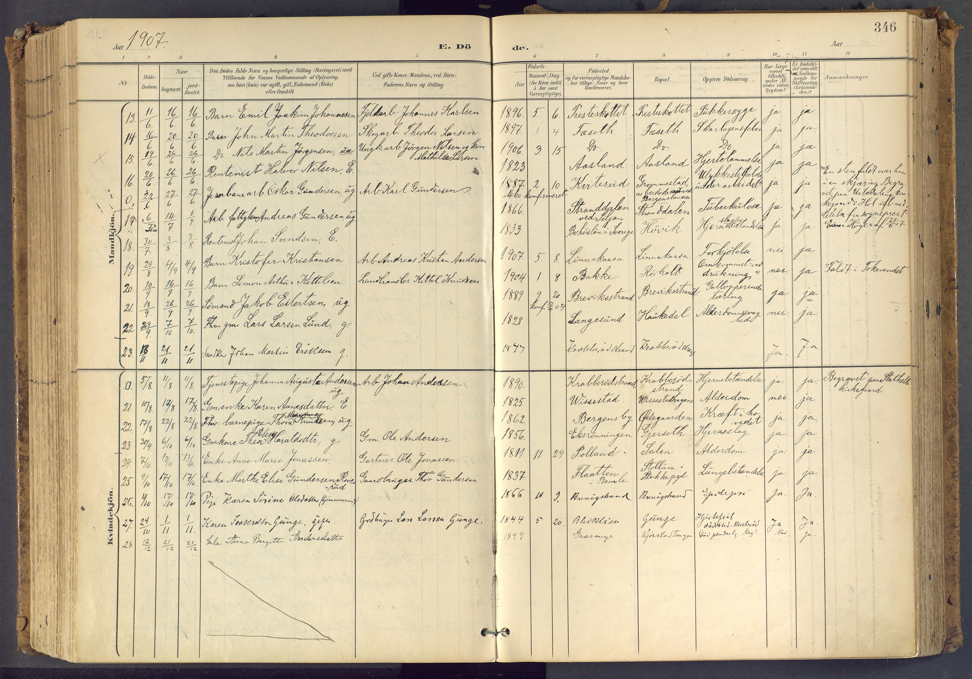Bamble kirkebøker, SAKO/A-253/F/Fa/L0009: Parish register (official) no. I 9, 1901-1917, p. 346