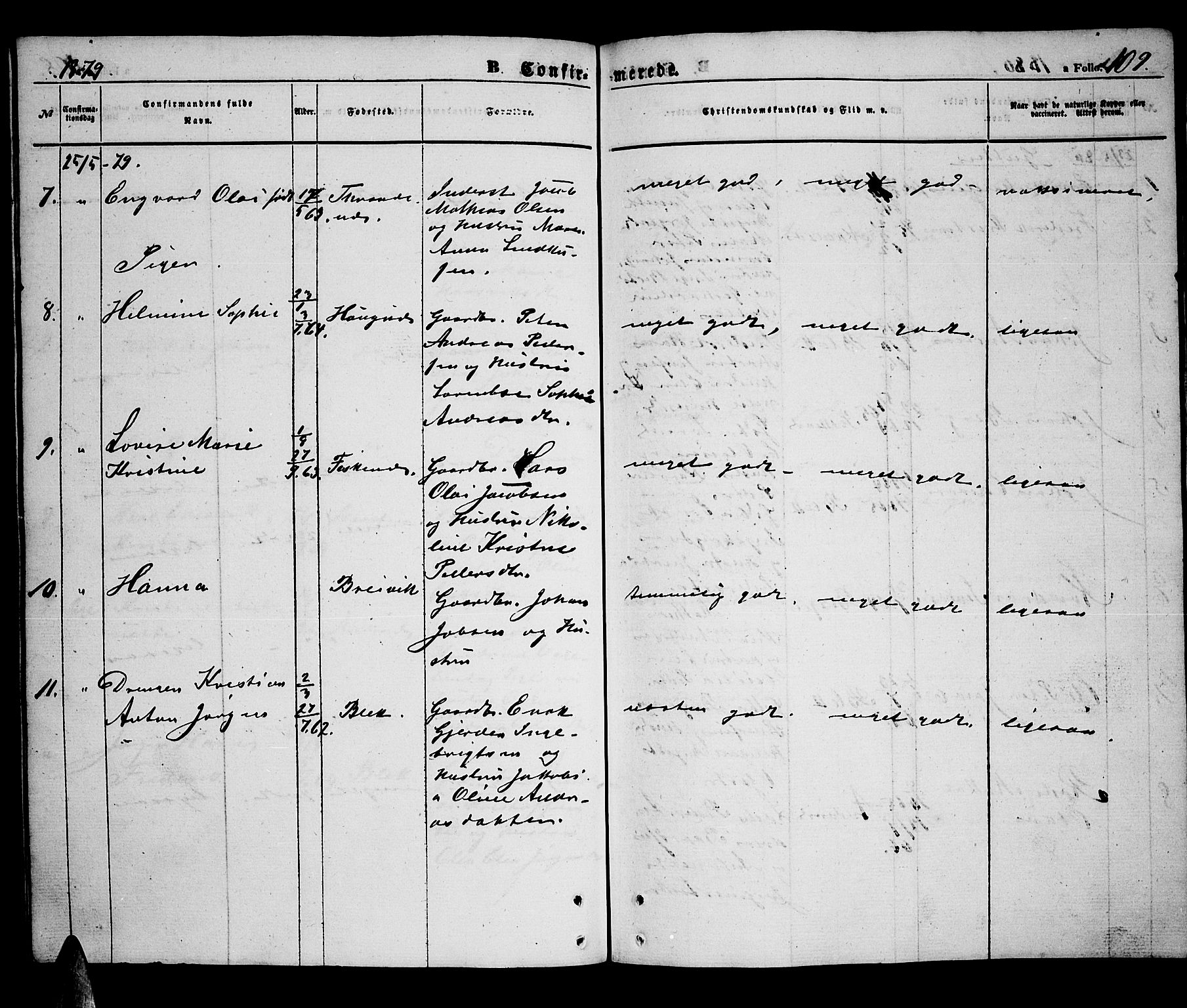 Ministerialprotokoller, klokkerbøker og fødselsregistre - Nordland, AV/SAT-A-1459/899/L1447: Parish register (copy) no. 899C02, 1855-1886, p. 109