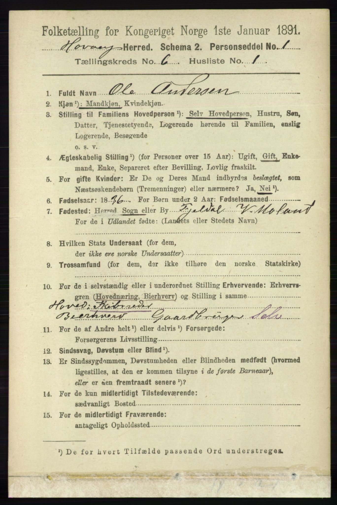 RA, 1891 census for 0927 Høvåg, 1891, p. 2216