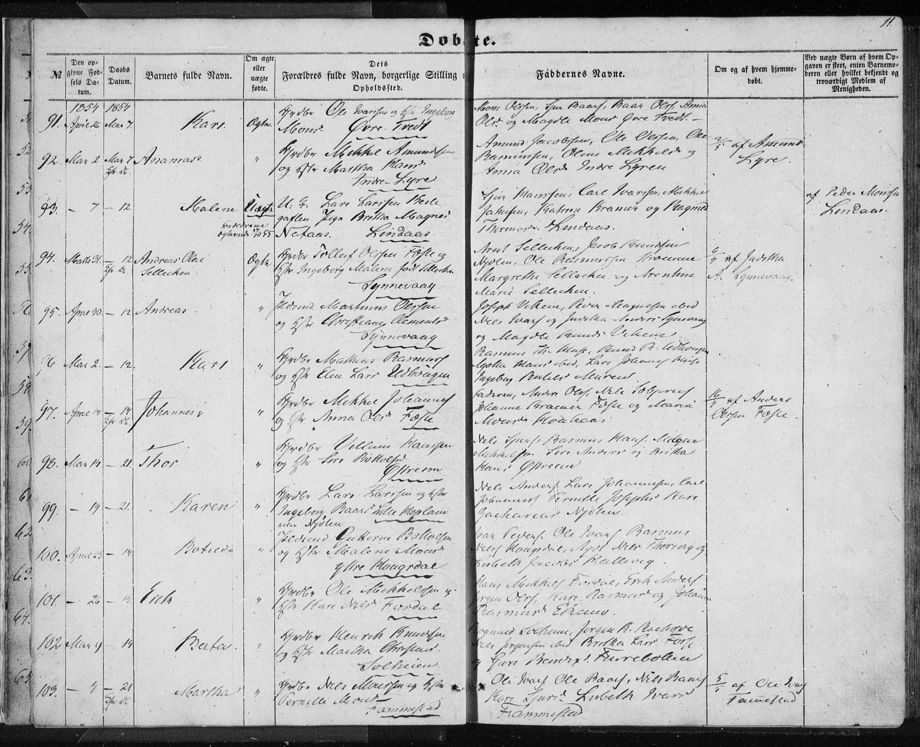 Lindås Sokneprestembete, SAB/A-76701/H/Haa: Parish register (official) no. A 11, 1854-1869, p. 11