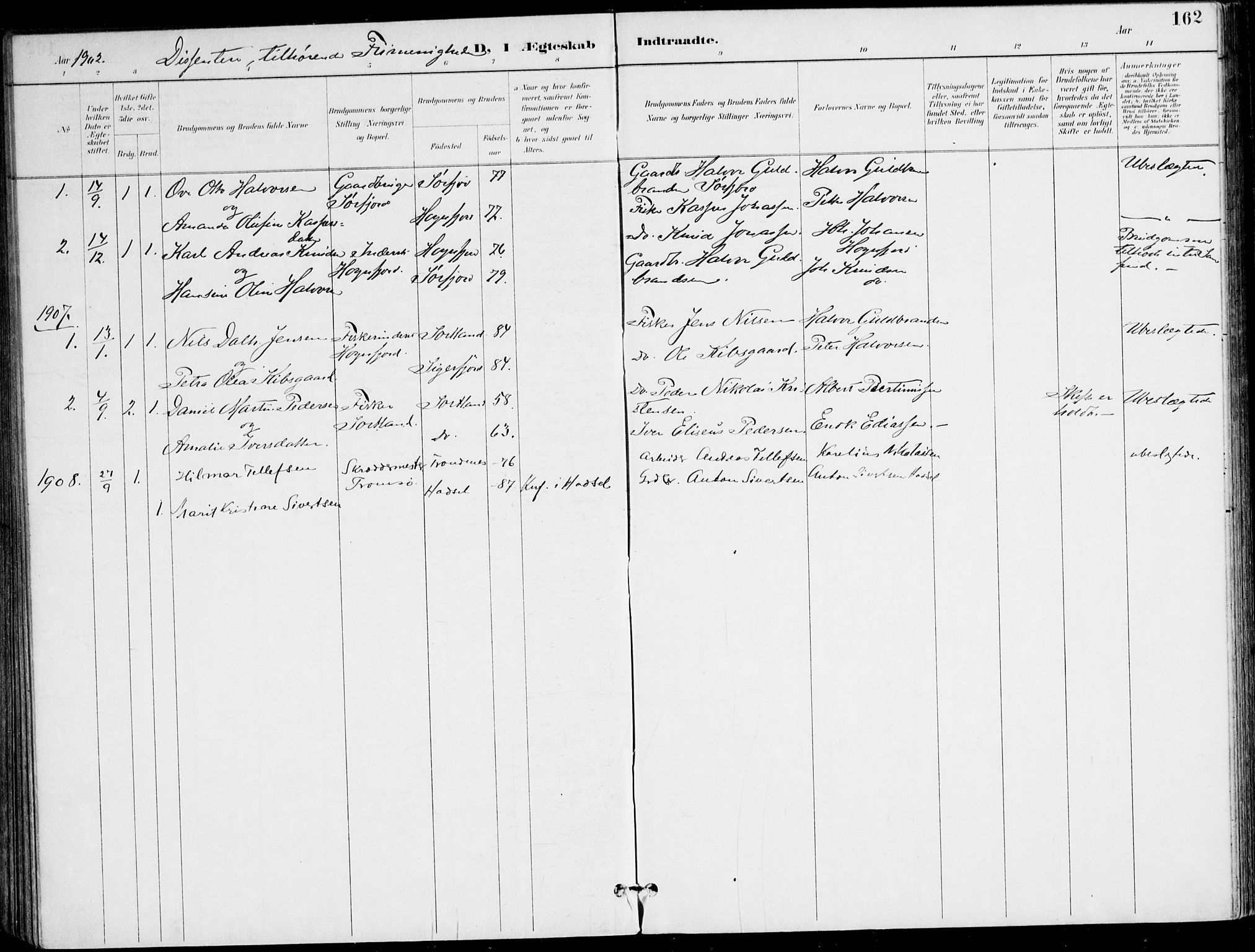 Ministerialprotokoller, klokkerbøker og fødselsregistre - Nordland, SAT/A-1459/895/L1372: Parish register (official) no. 895A07, 1894-1914, p. 162