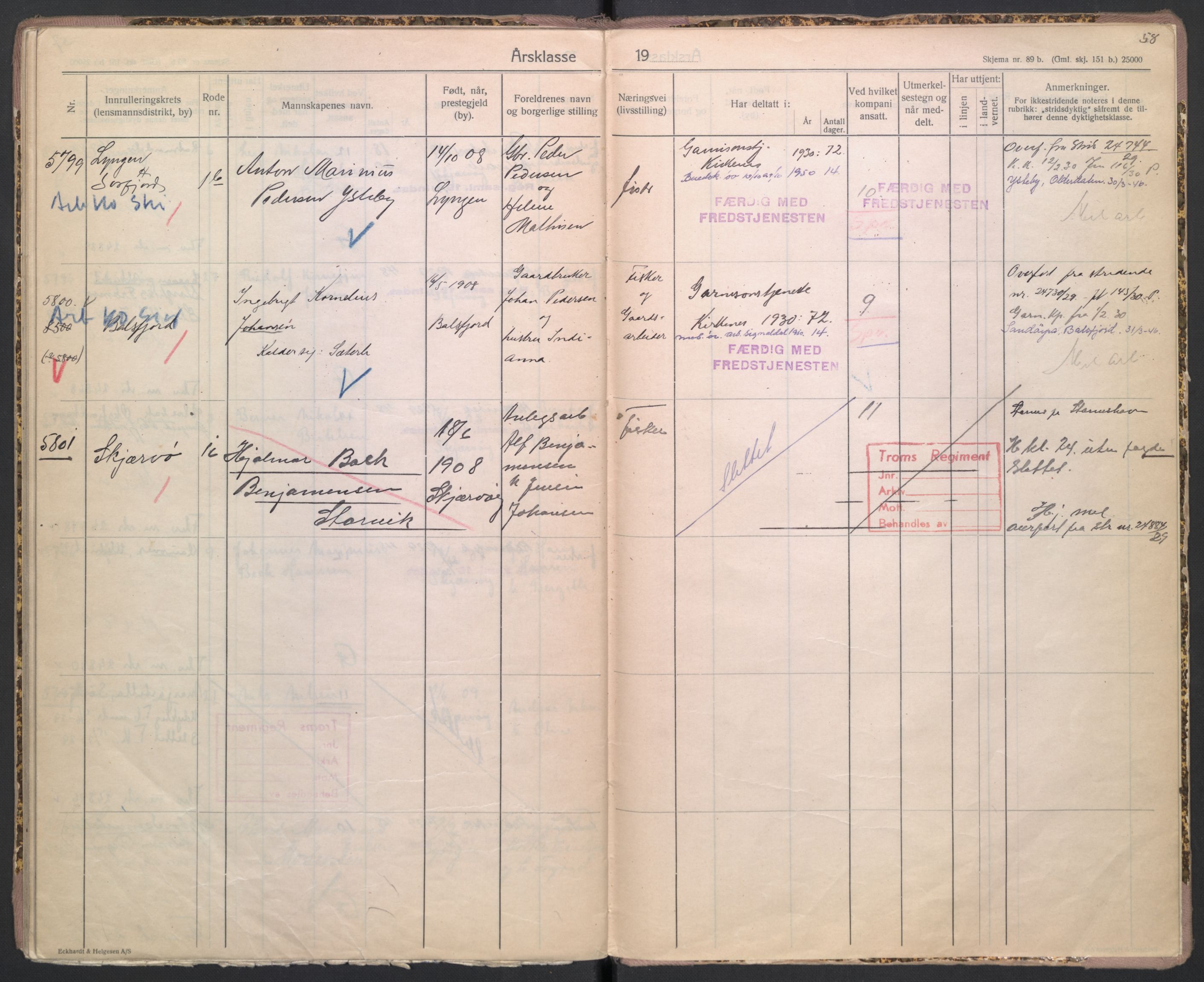 Forsvaret, Troms infanteriregiment nr. 16, AV/RA-RAFA-3146/P/Pa/L0005/0002: Ruller / Rulle for Lyngen bataljons menige mannskaper, årsklasse 1929, 1929, p. 58