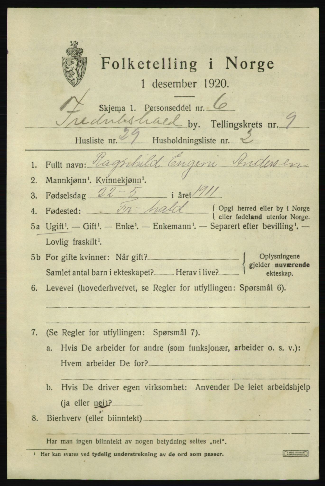 SAO, 1920 census for Fredrikshald, 1920, p. 16489