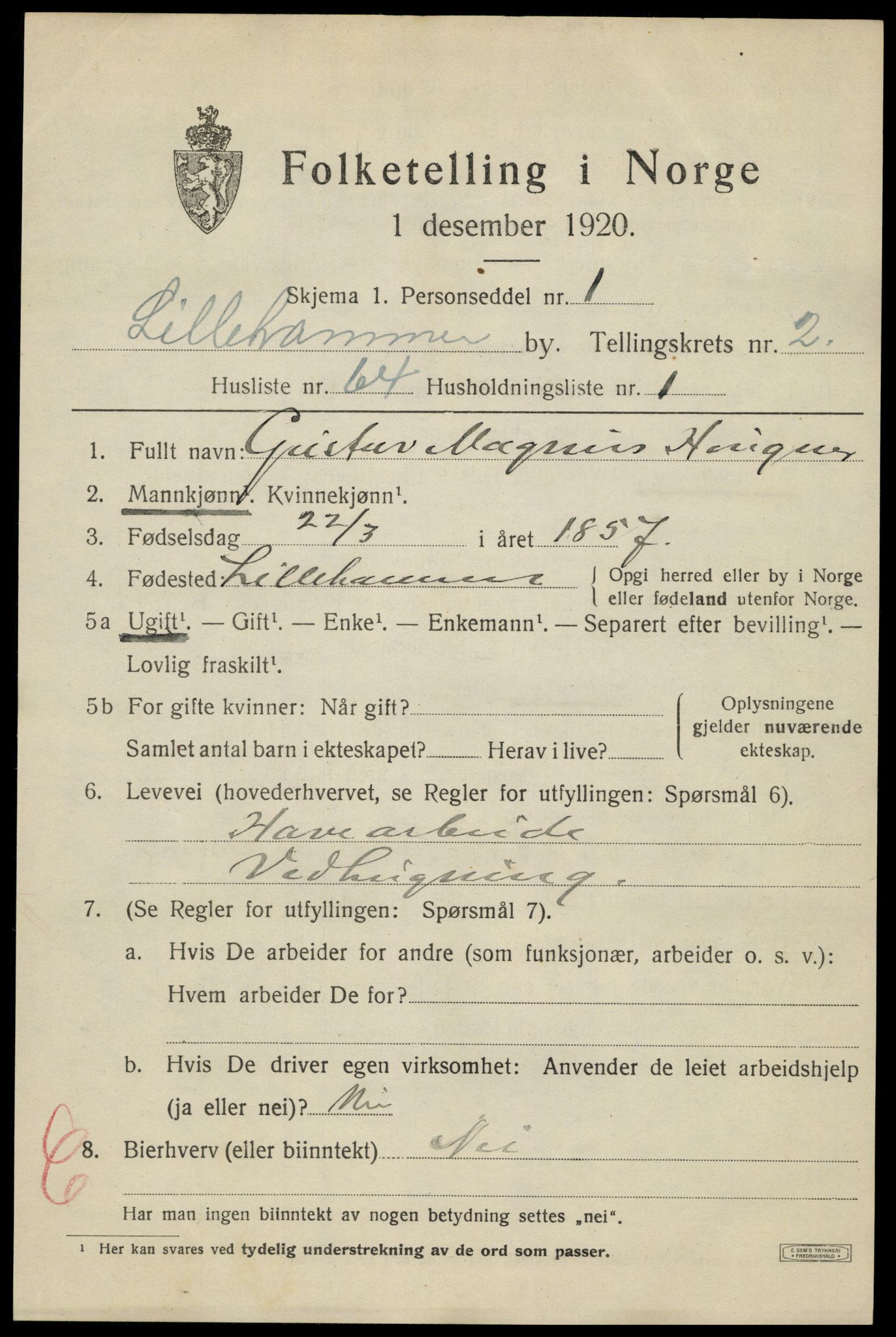 SAH, 1920 census for Lillehammer, 1920, p. 5622