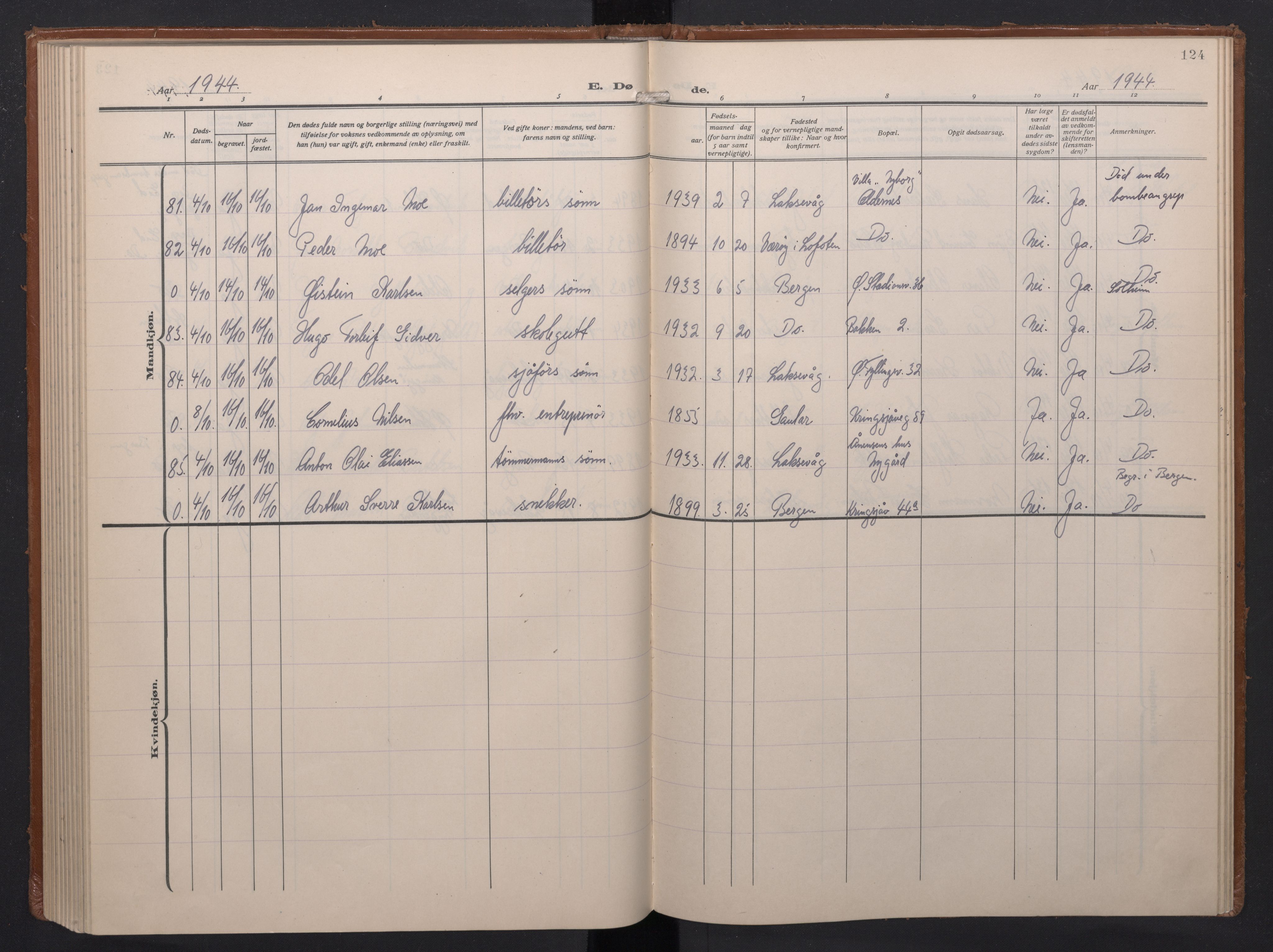 Laksevåg Sokneprestembete, AV/SAB-A-76501/H/Ha/Haa/Haae/L0001: Parish register (official) no. E 1, 1924-1950, p. 124